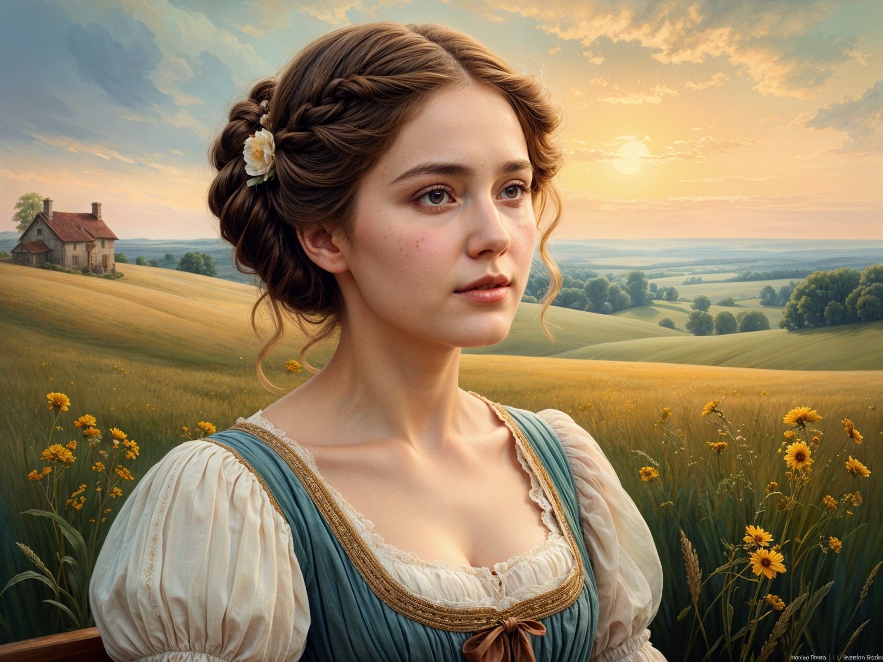 Young woman in historical dress against scenic landscape