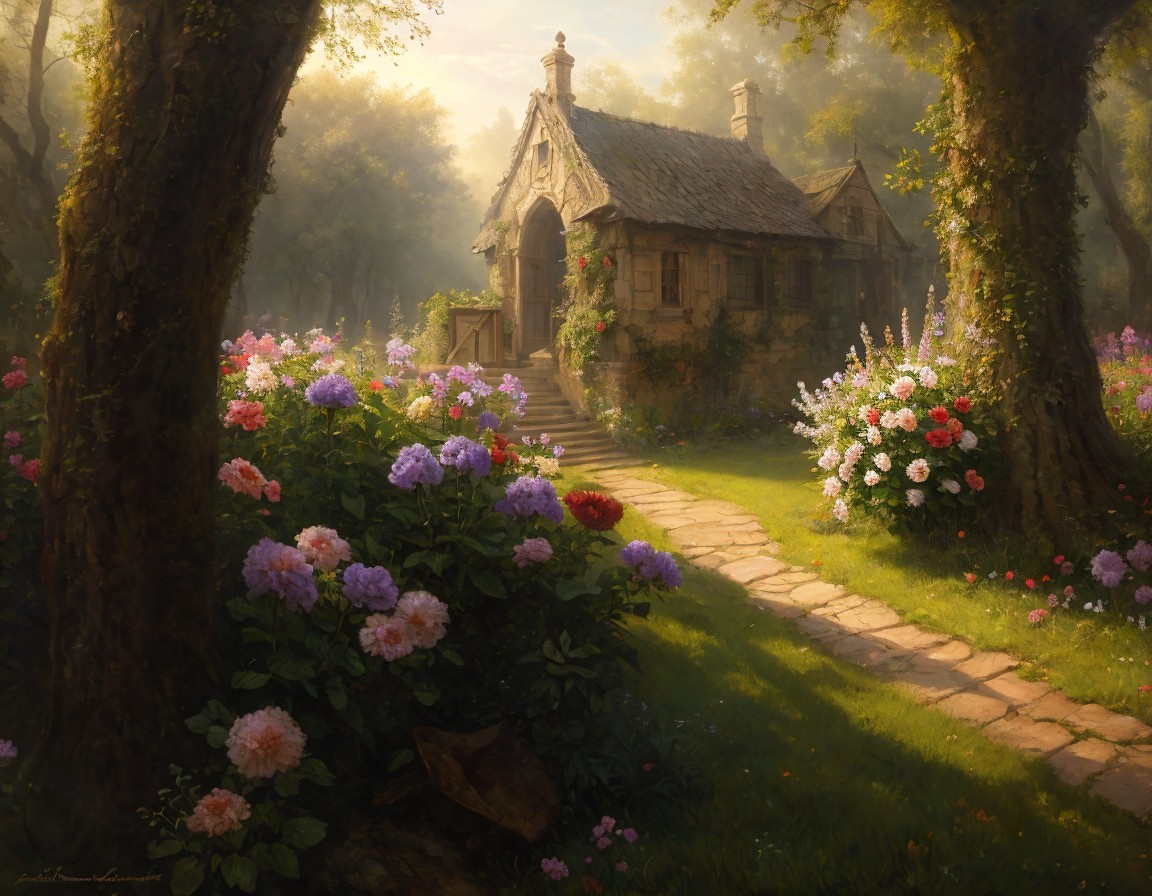 Thatched Roof Cottage in Lush Garden with Blooming Flowers