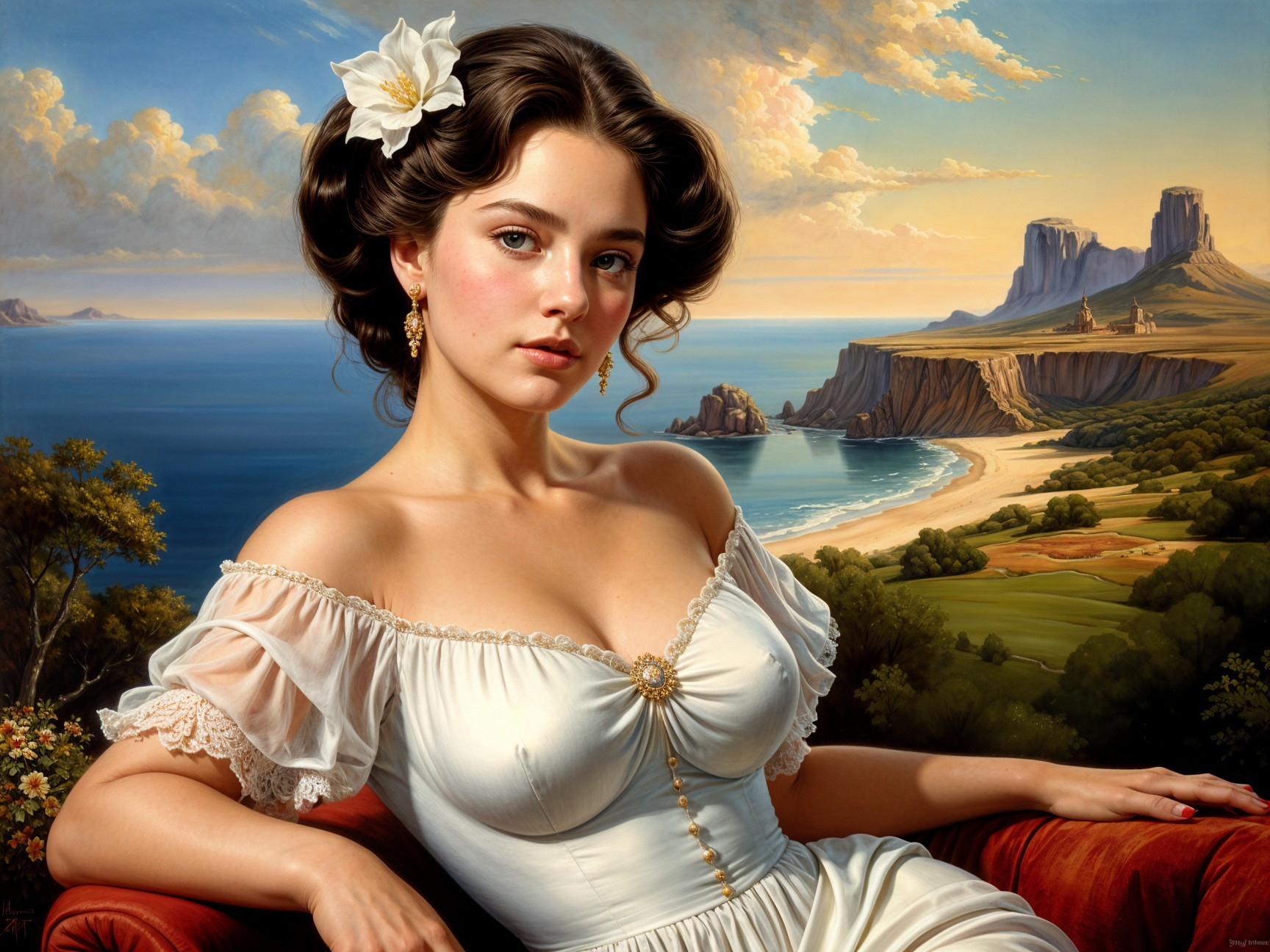 Young Woman in Elegant Dress on Red Sofa by Coastline