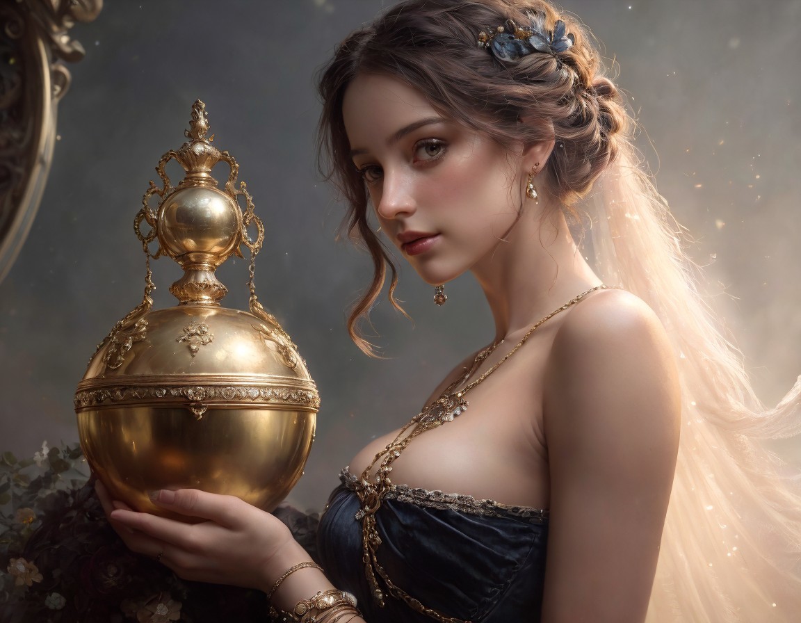 Woman in Vintage Gown with Golden Vessel and Blossoms