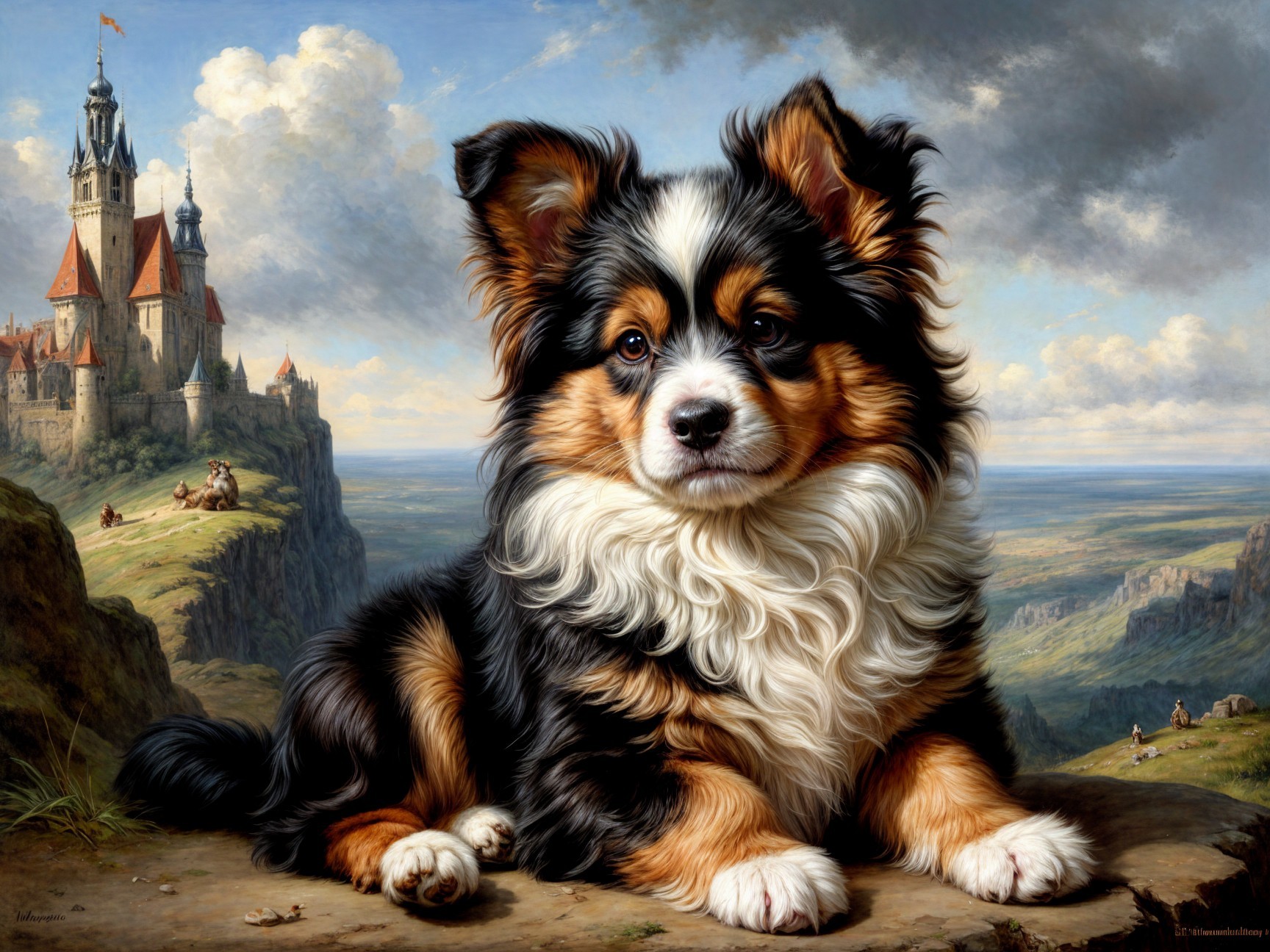 Charming Puppy with Castle and Idyllic Landscape Background