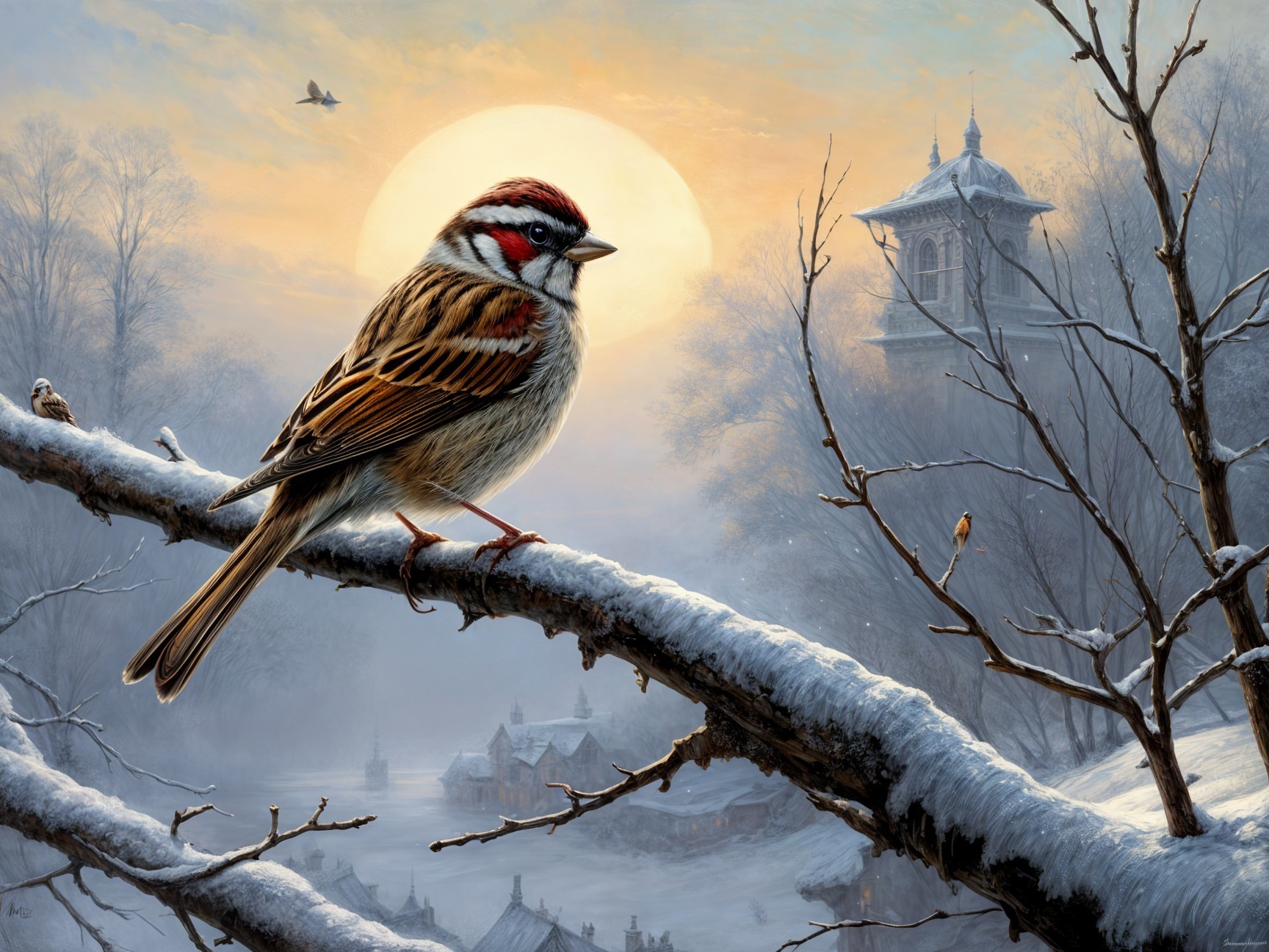 Sparrow on Snow-Dusted Branch at Winter Sunset
