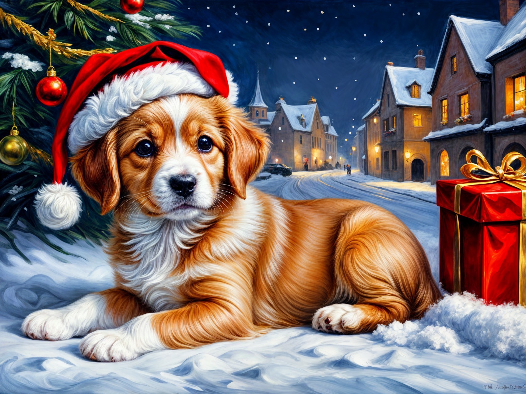 Puppy in Santa Hat Amid Snowy Holiday Scene