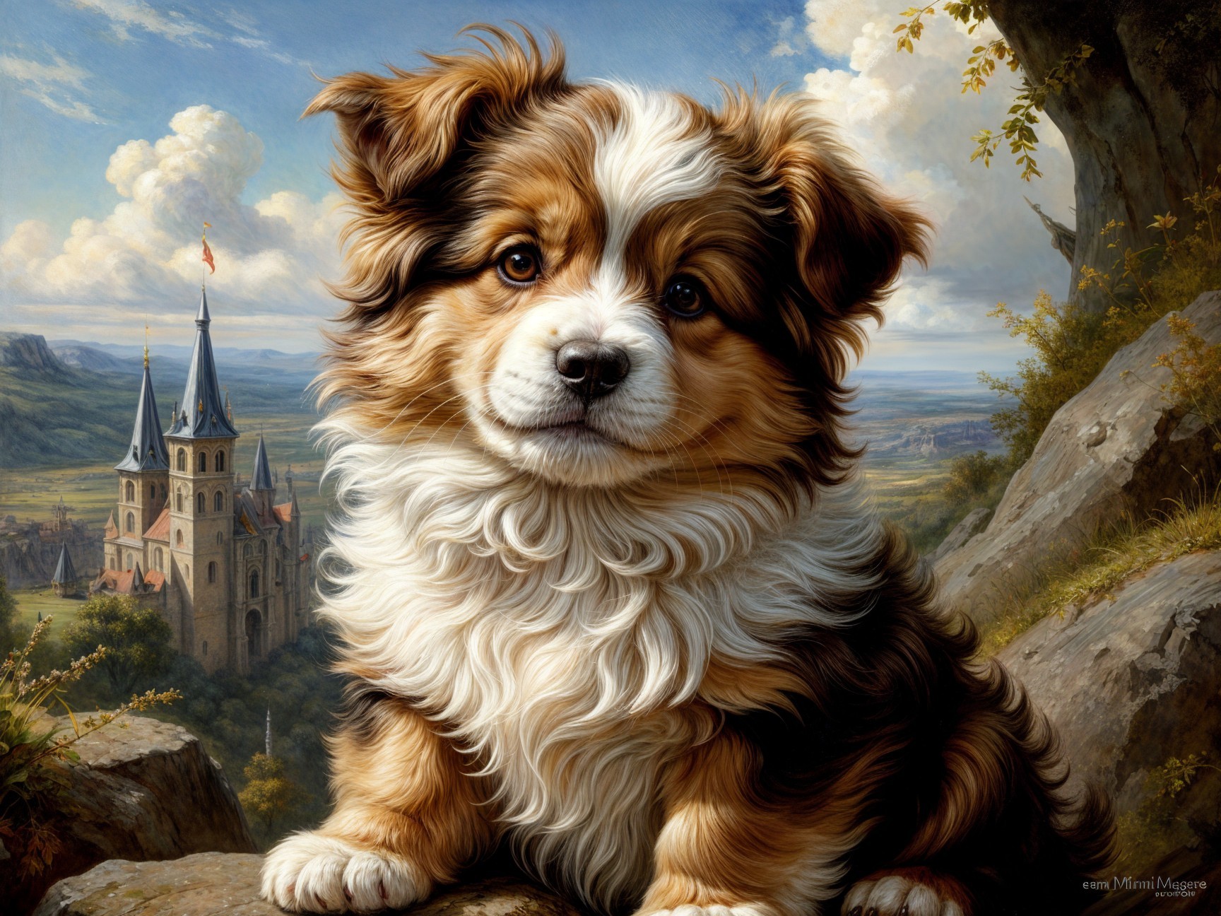 Puppy on Rocky Ledge with Castle and Hills Background