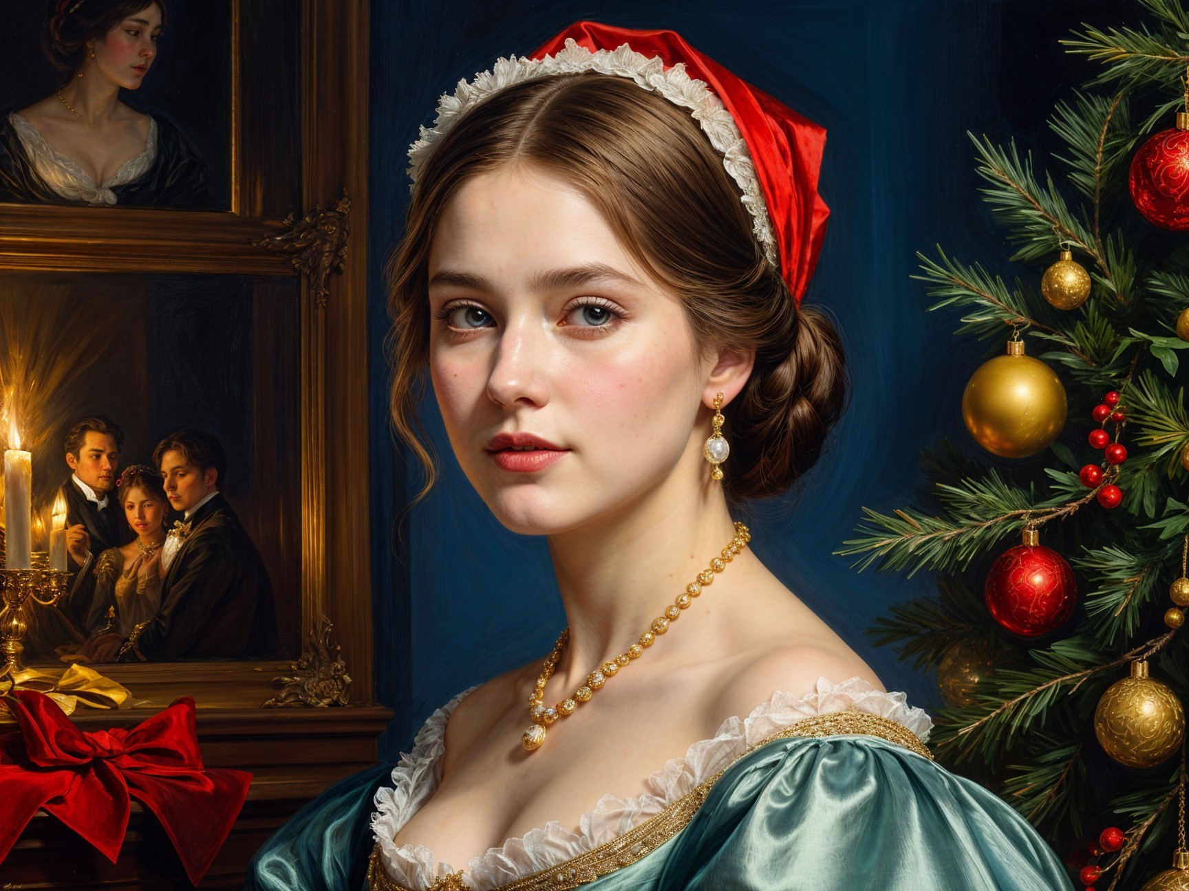 Young Woman in Historical Dress by Christmas Tree
