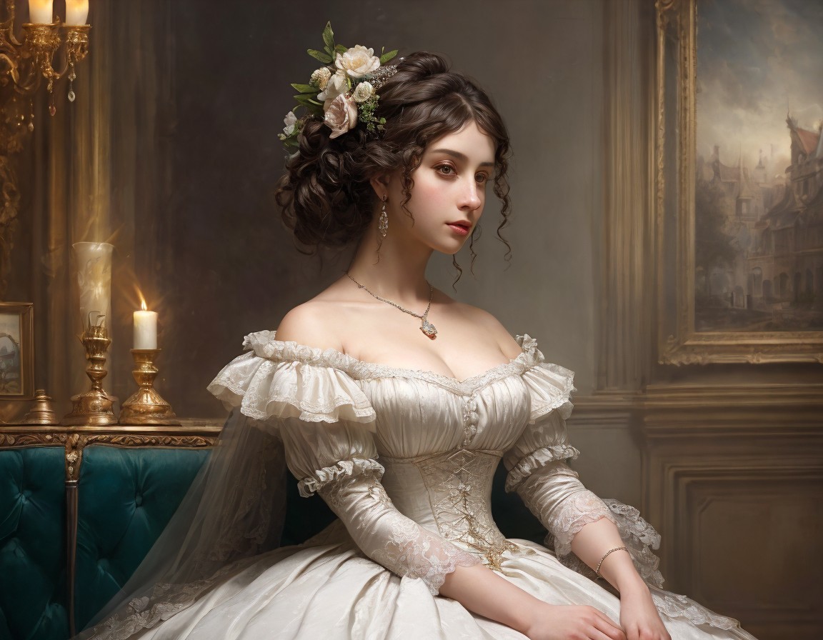 Victorian-style gown woman with floral hairpiece at candlelit table
