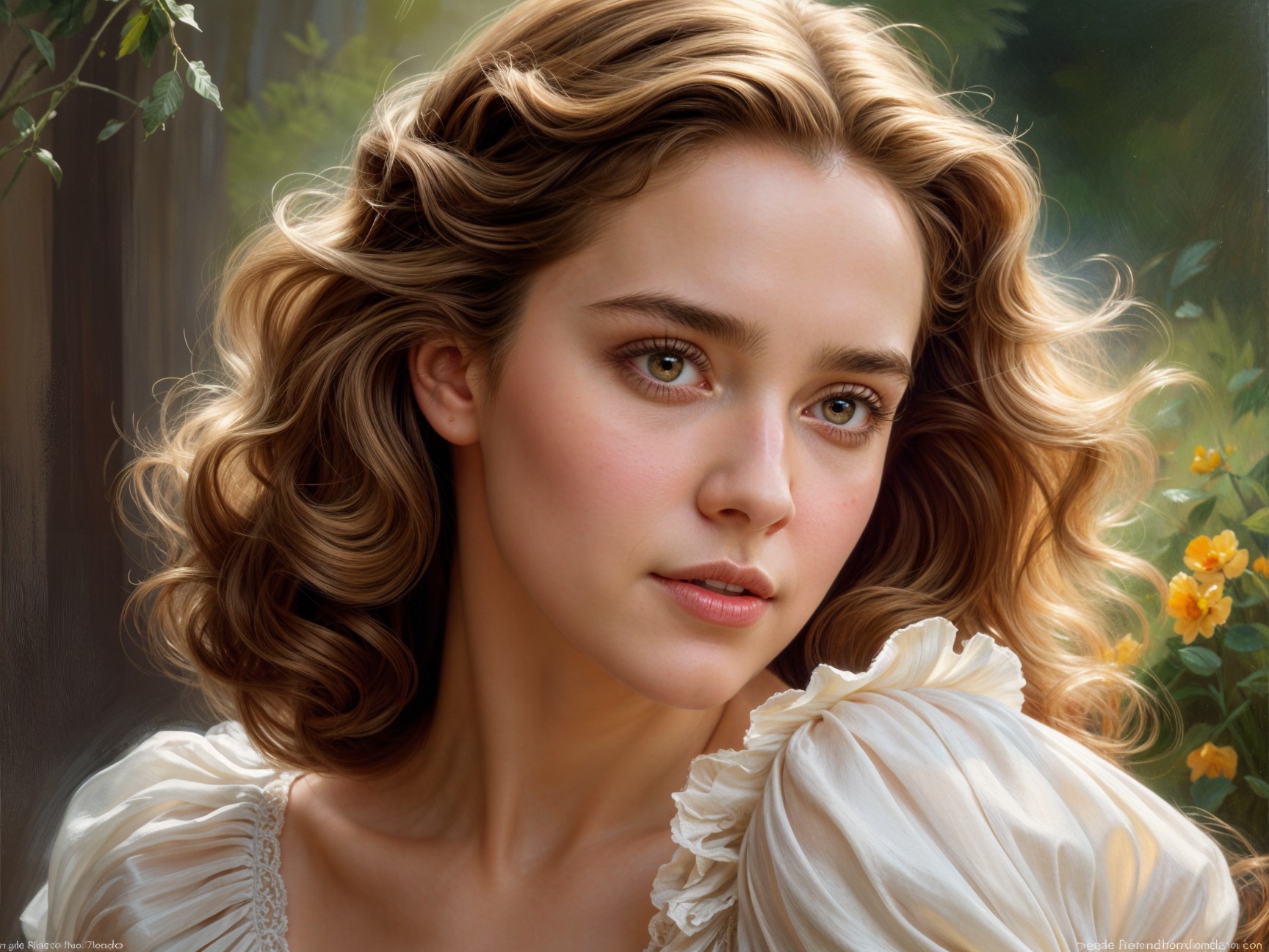 Young woman with wavy hair in a floral setting
