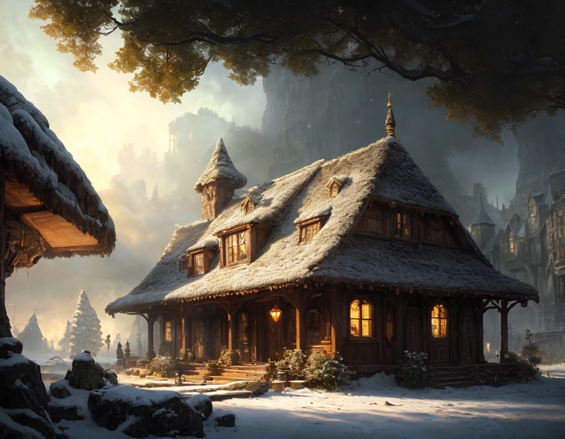 Cozy Snow-Covered Cottage Amidst Snowy Trees