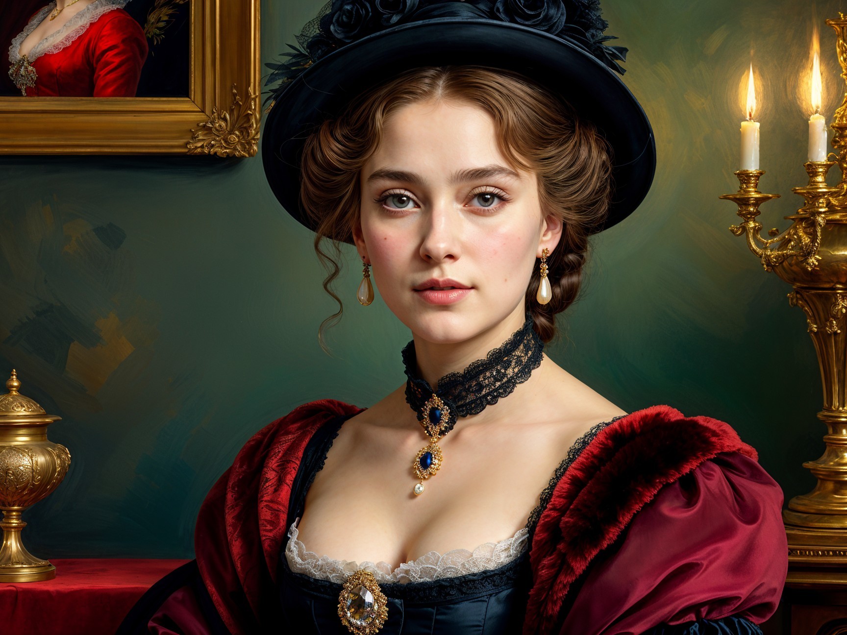 19th-Century Elegance in Red Gown and Accessories