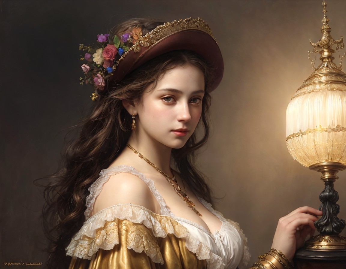 Young woman in golden historical dress with flower-adorned hat beside illuminated lamp.