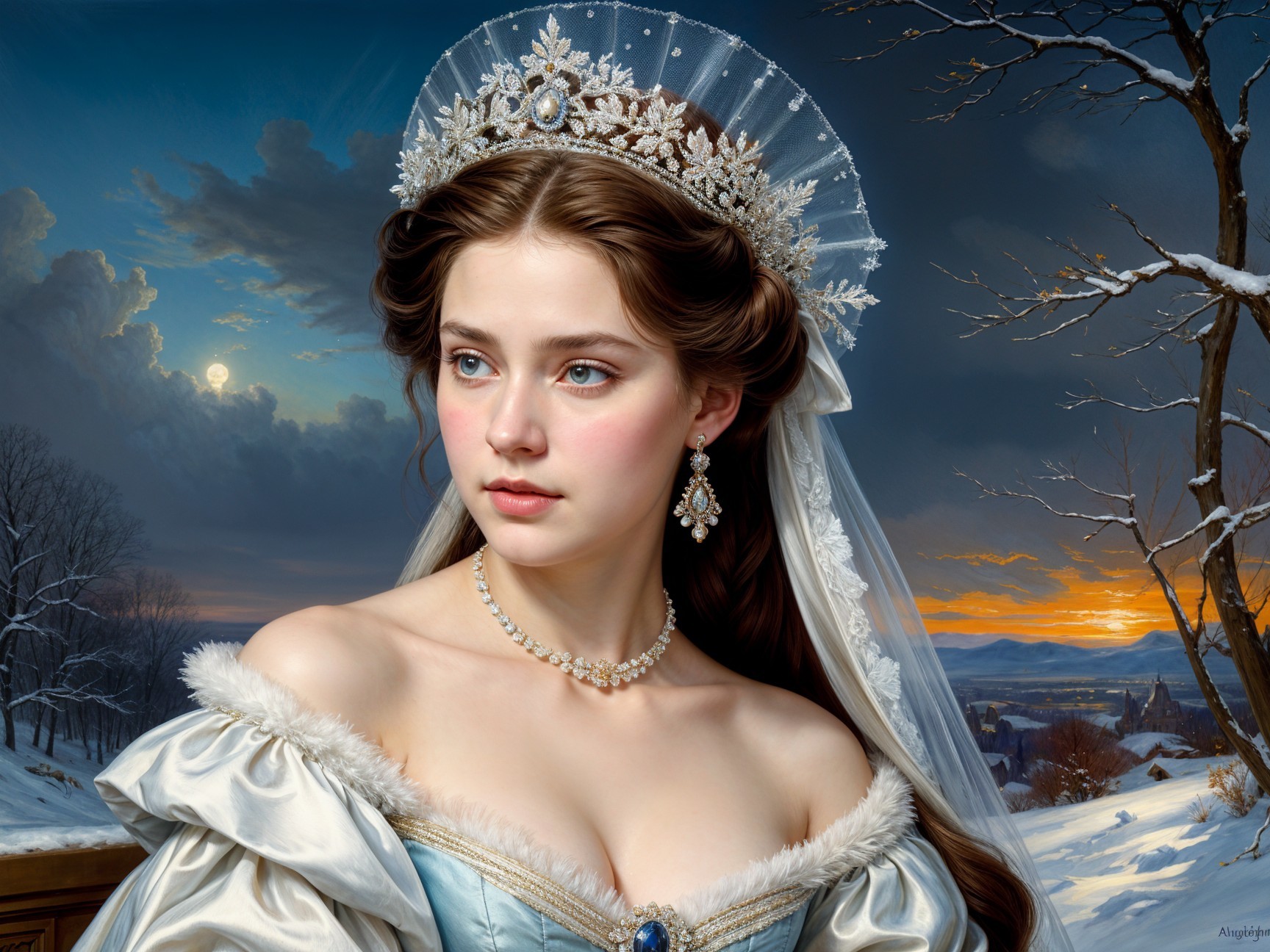 Young Woman in Elegant Icy-Blue Gown in Winter Scene