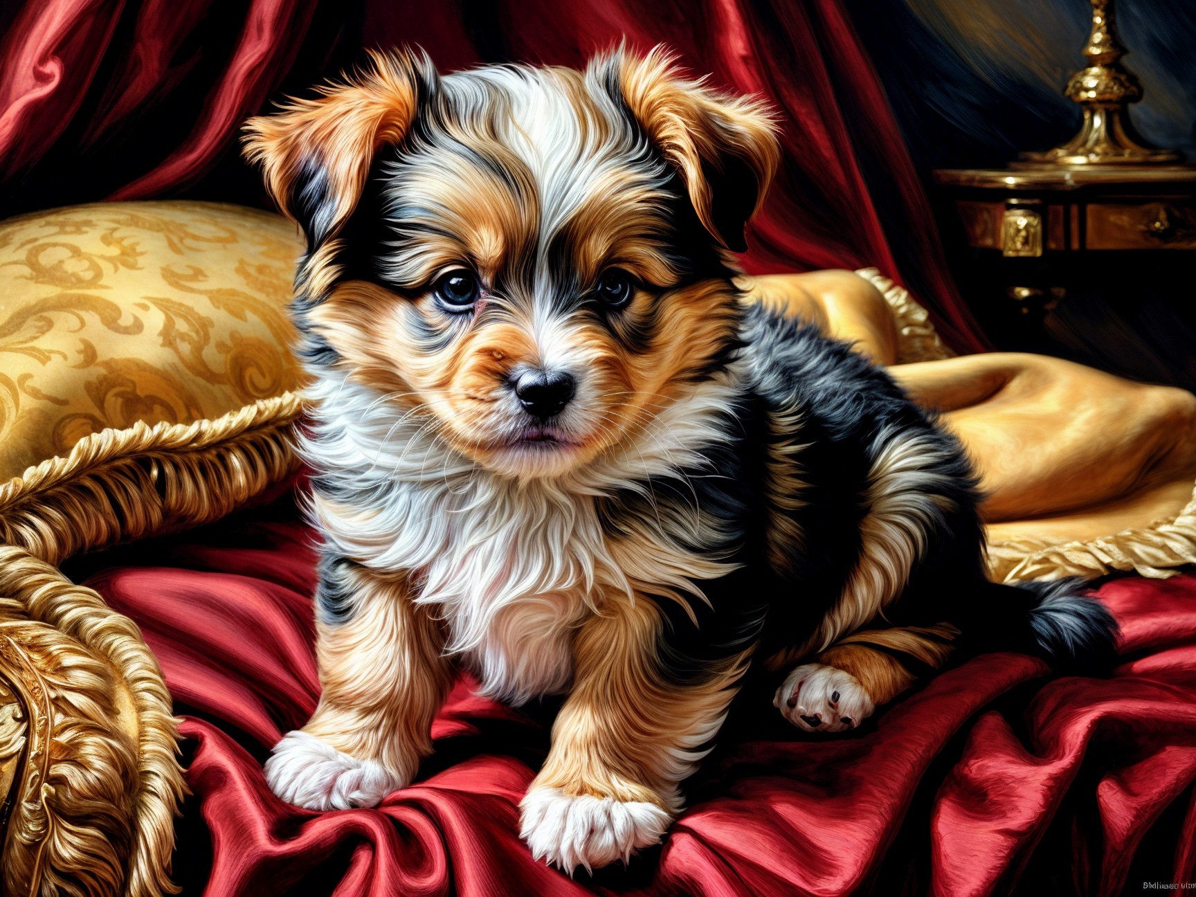 Fluffy Puppy on Rich Red and Gold Draped Surface
