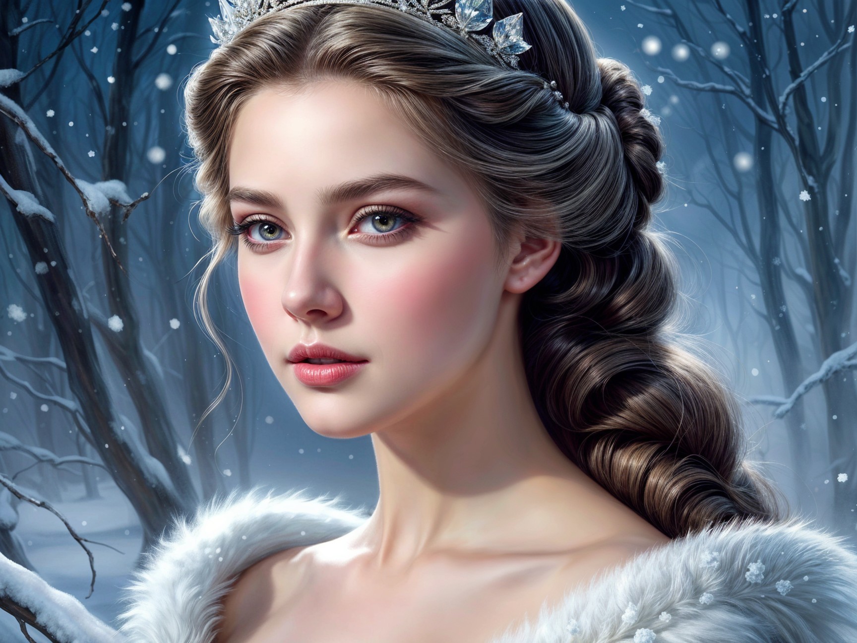 Serene Young Woman in a Snowy Forest Setting