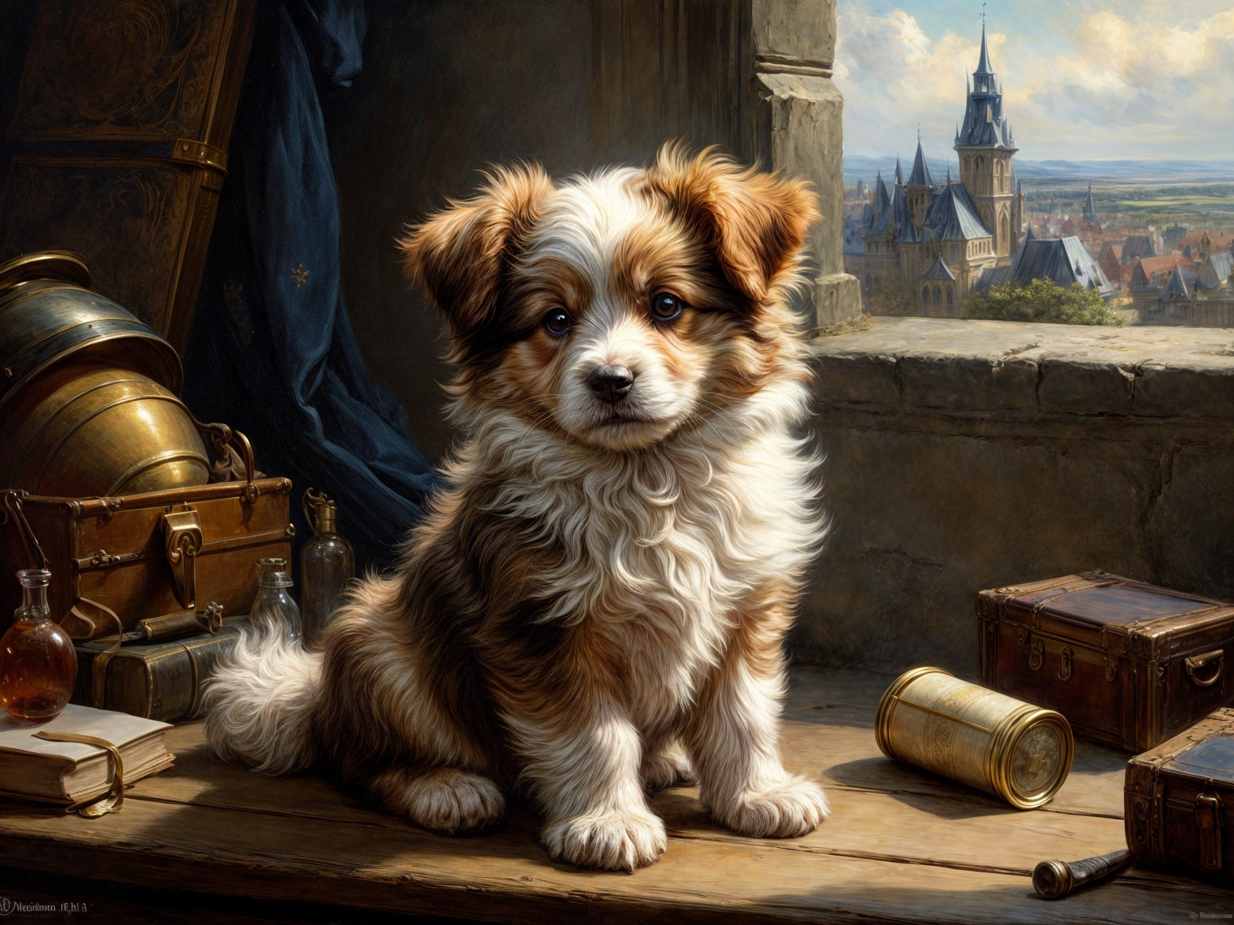 Fluffy Puppy on Wooden Surface with Historic Town View