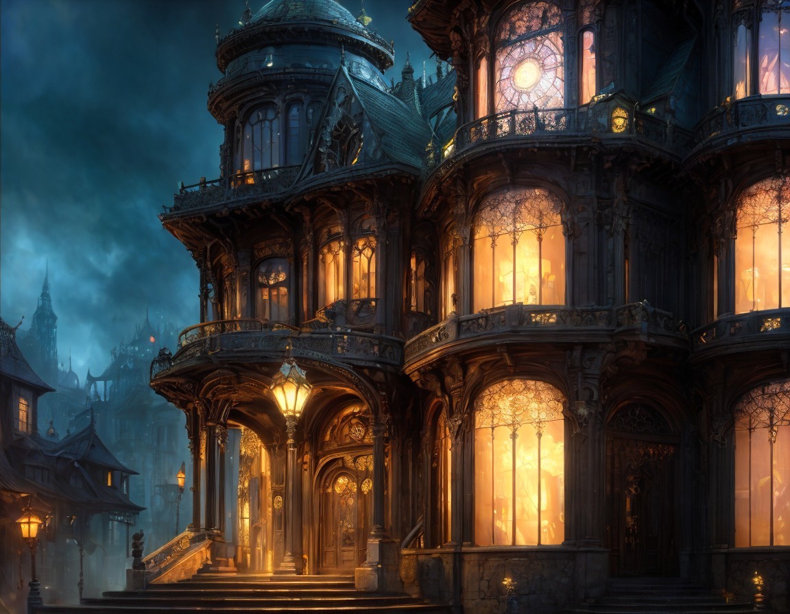 Victorian-style mansion with intricate architecture at night