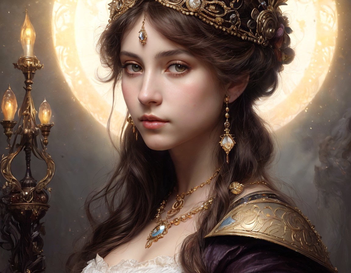 Digital painting: Young woman in regal attire with golden headpiece and candelabras