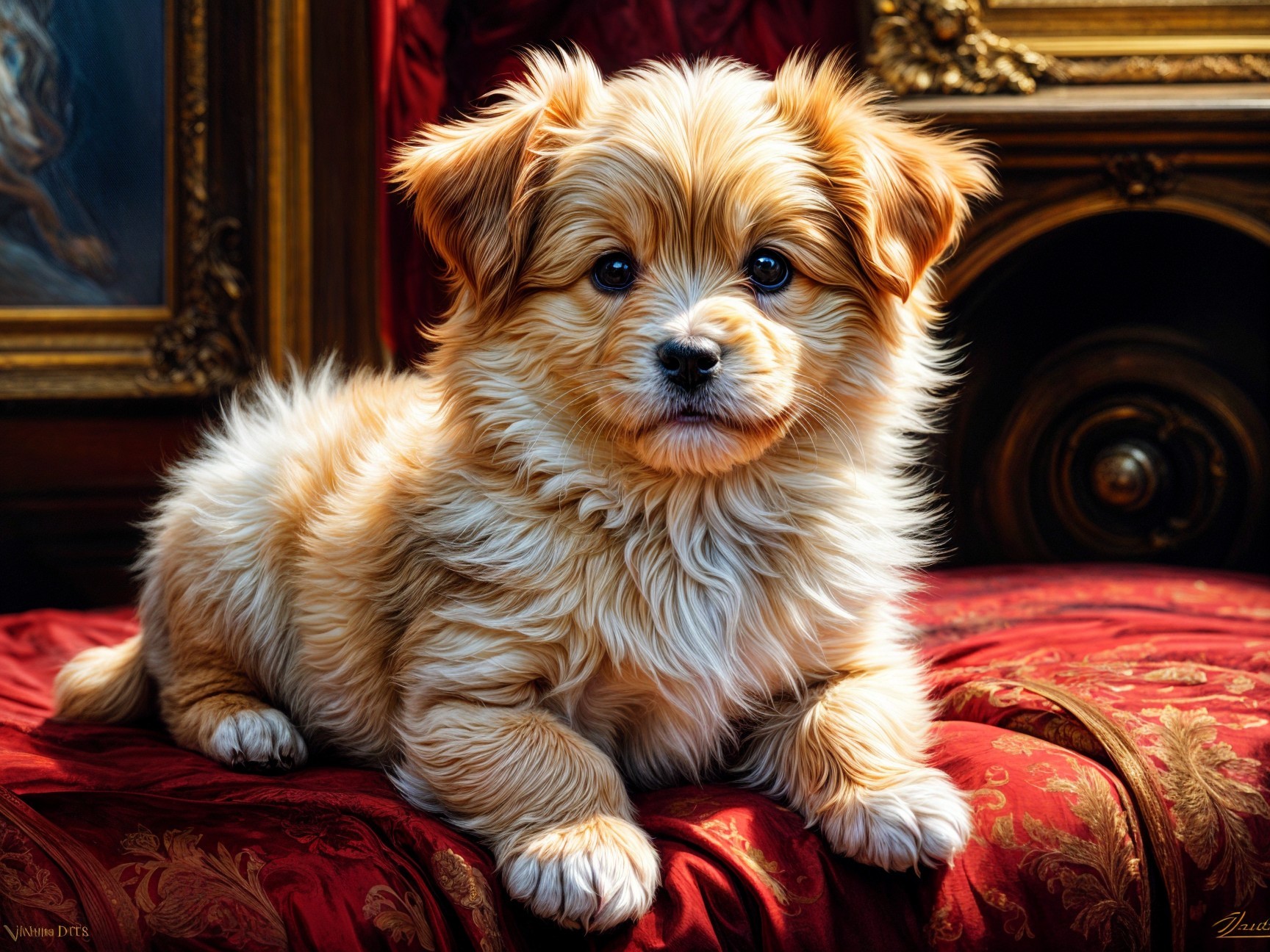 Golden-brown puppy on red-velvet cushion with decor