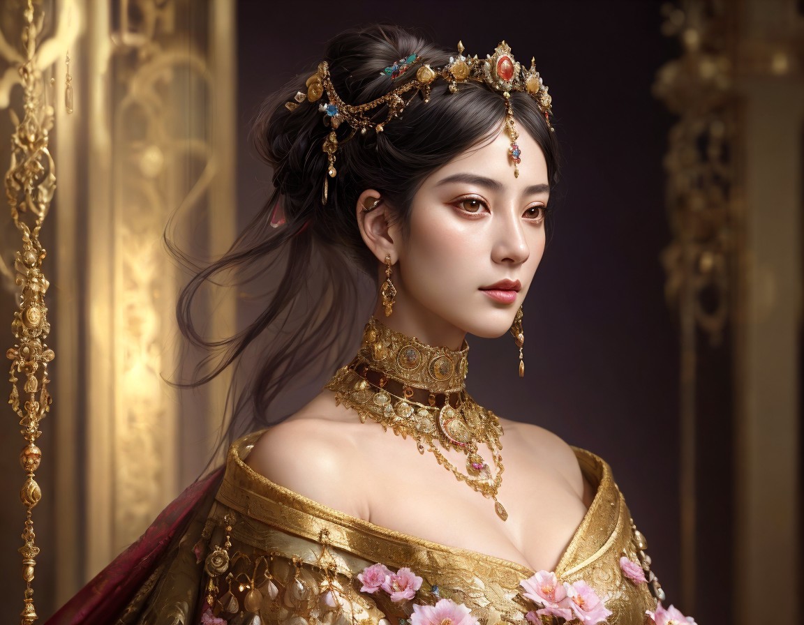 Regal woman in gold tiara and attire portrait