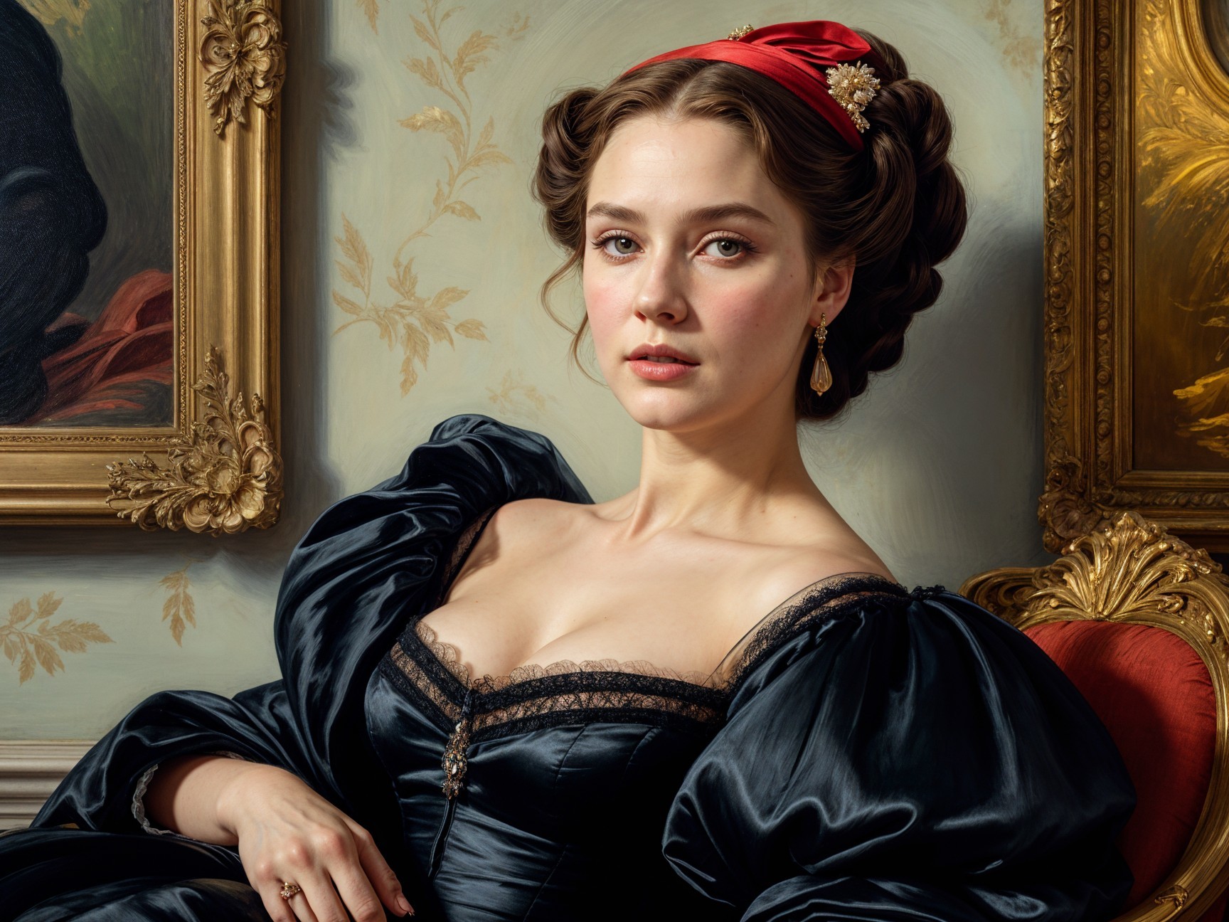 Elegant Young Woman in Black Gown with Rich Backdrop