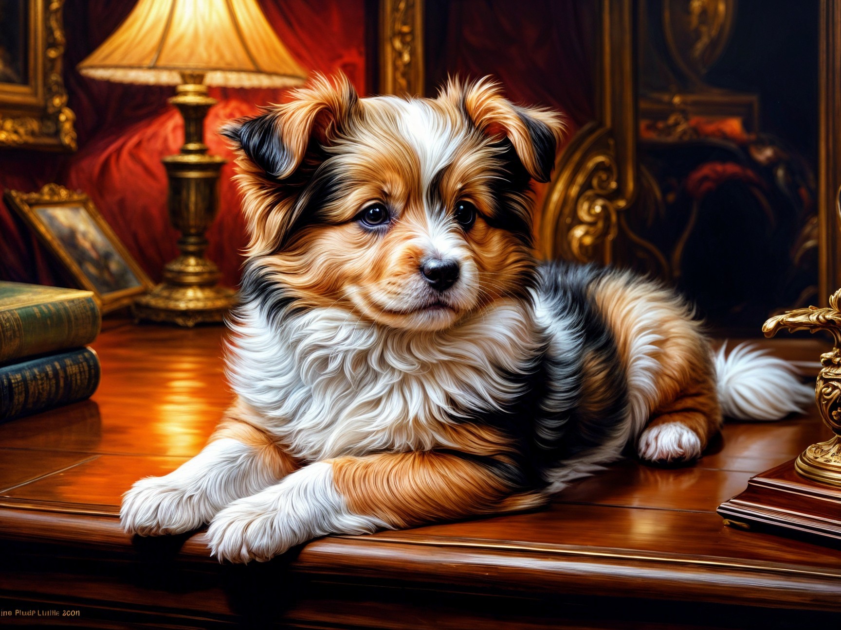 Tri-Color Puppy on Polished Wooden Table in Cozy Setting