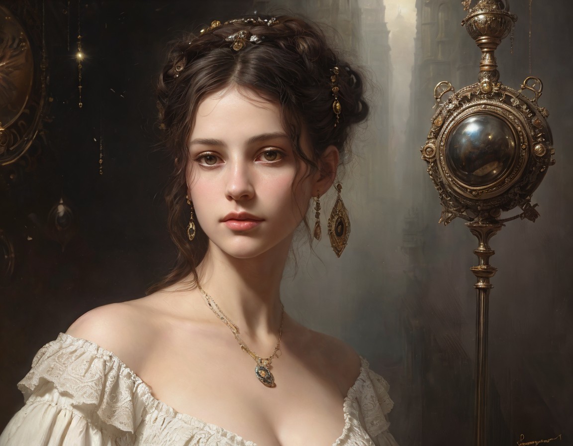 Young woman in white dress near ornate lamp