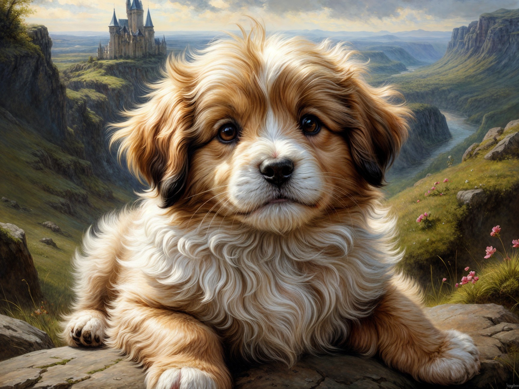Fluffy Puppy on Rocky Ledge with Castle Background