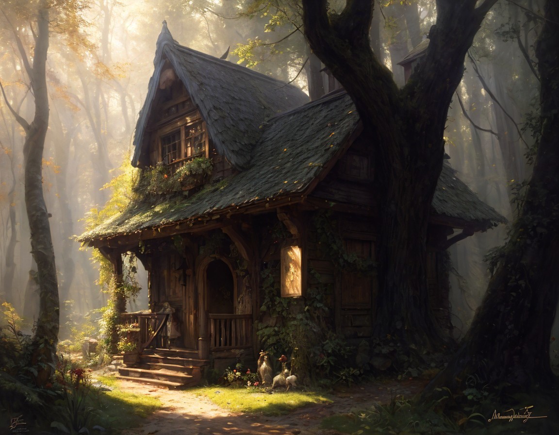 Cottage Surrounded by Misty Forest and Greenery
