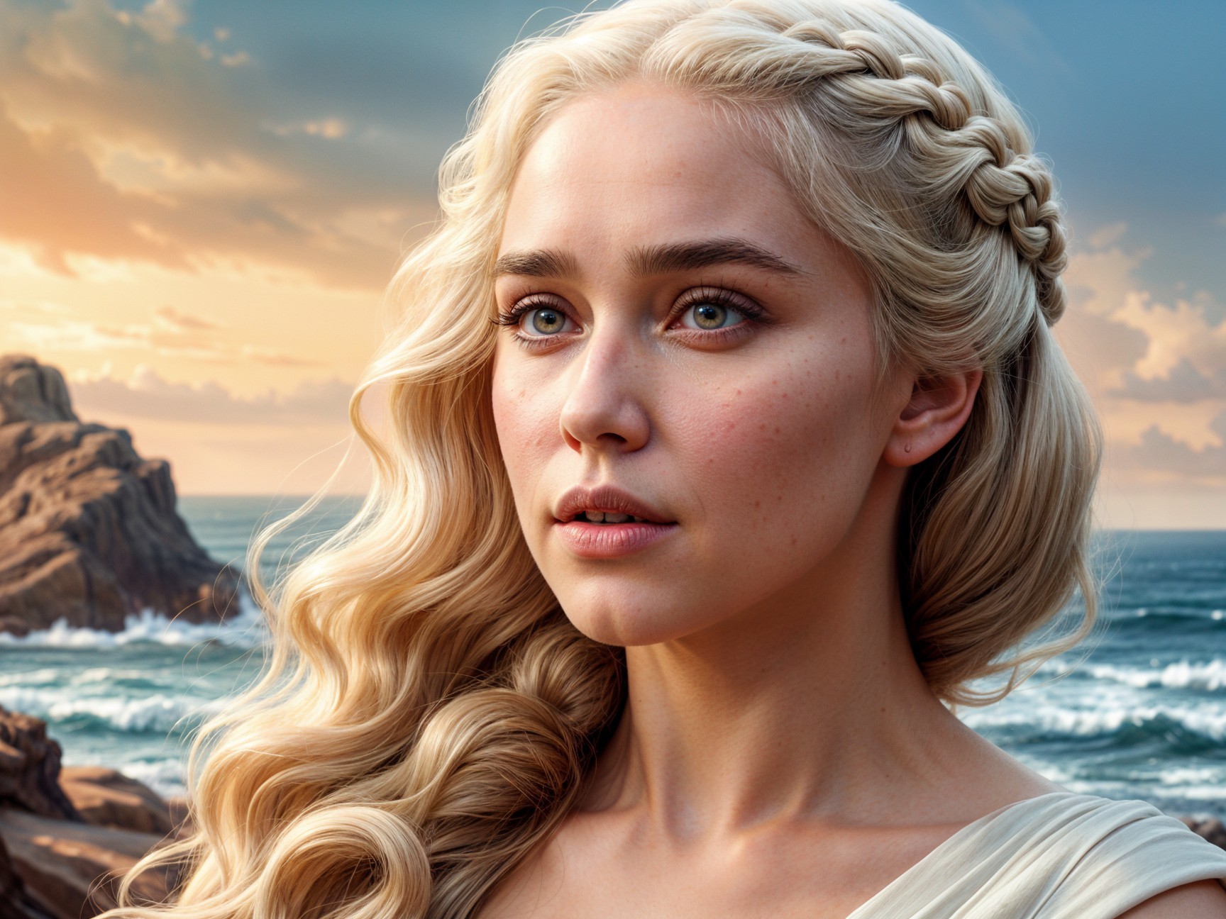 Young woman with braided blonde hair by the coast