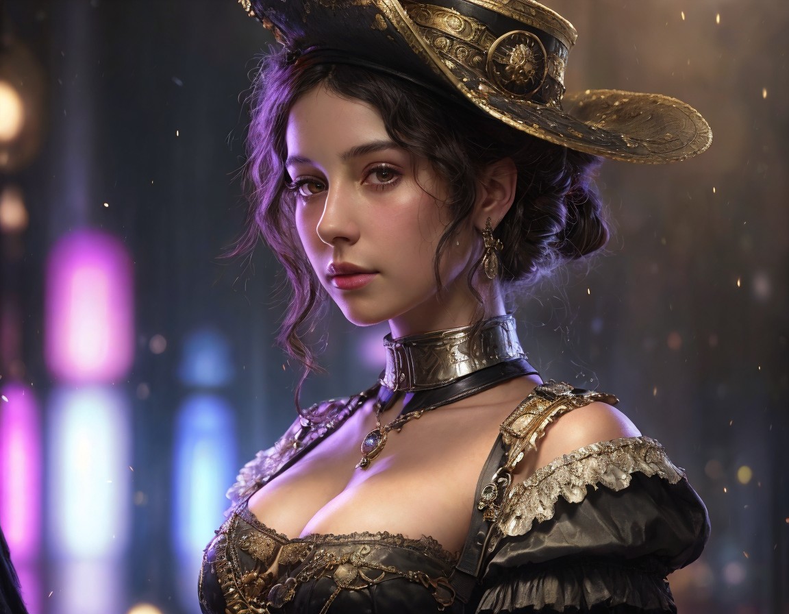 Steampunk Woman in Victorian-Inspired Attire with Hat