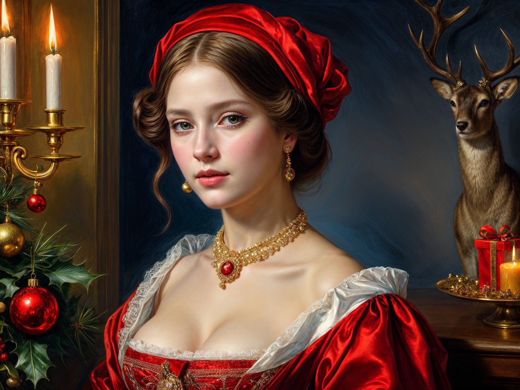 Elegant Woman in Red Dress with Holiday Decor