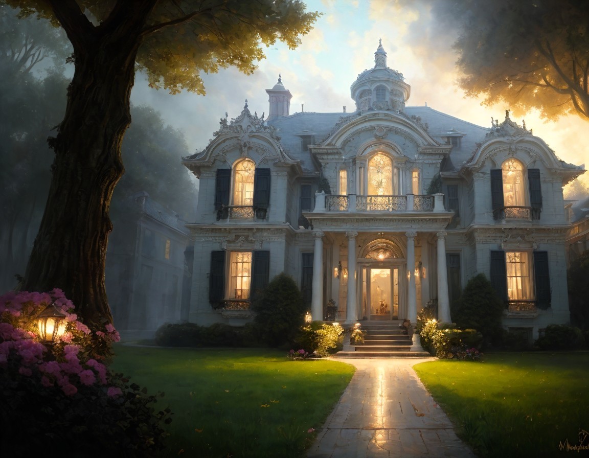 Opulent mansion with gardens at dusk glow