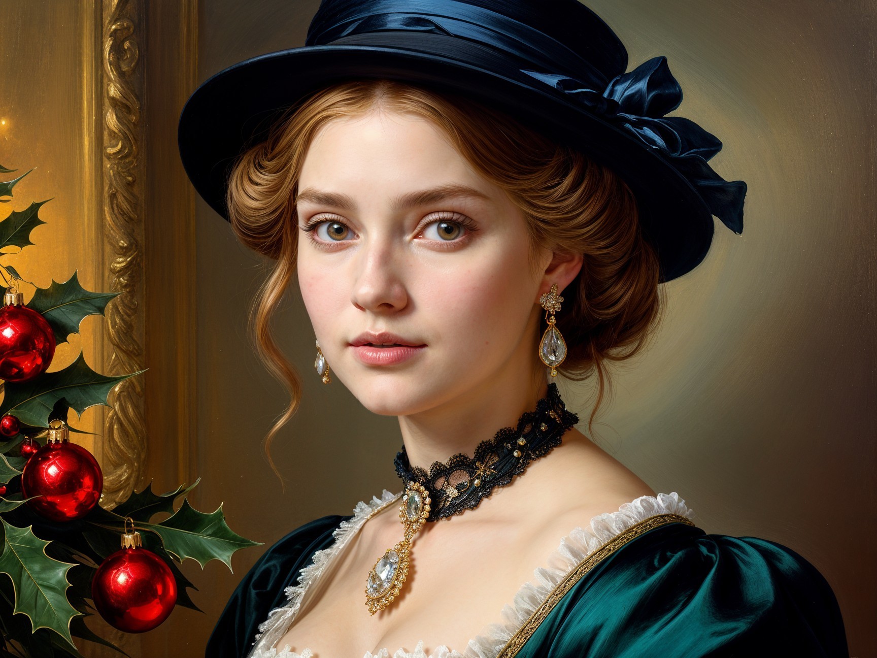 Victorian Woman in Green Dress with Holiday Decor