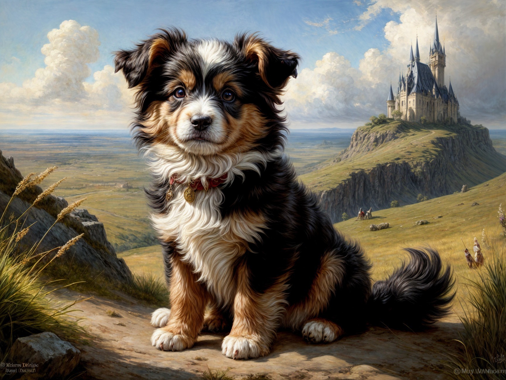 Fluffy Puppy in Front of Majestic Castle Landscape