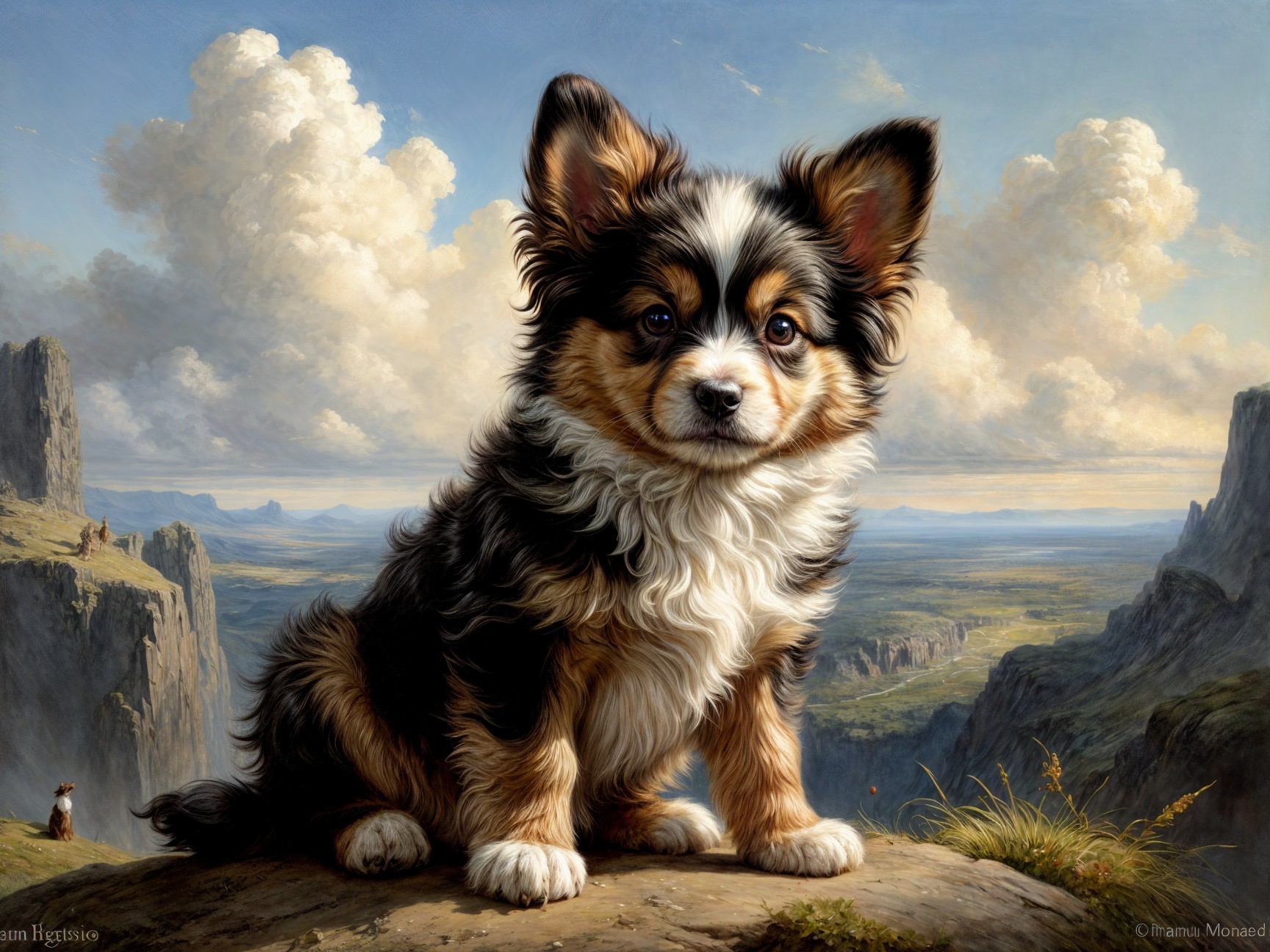 Fluffy Dog on Rocky Ledge with Scenic Landscape