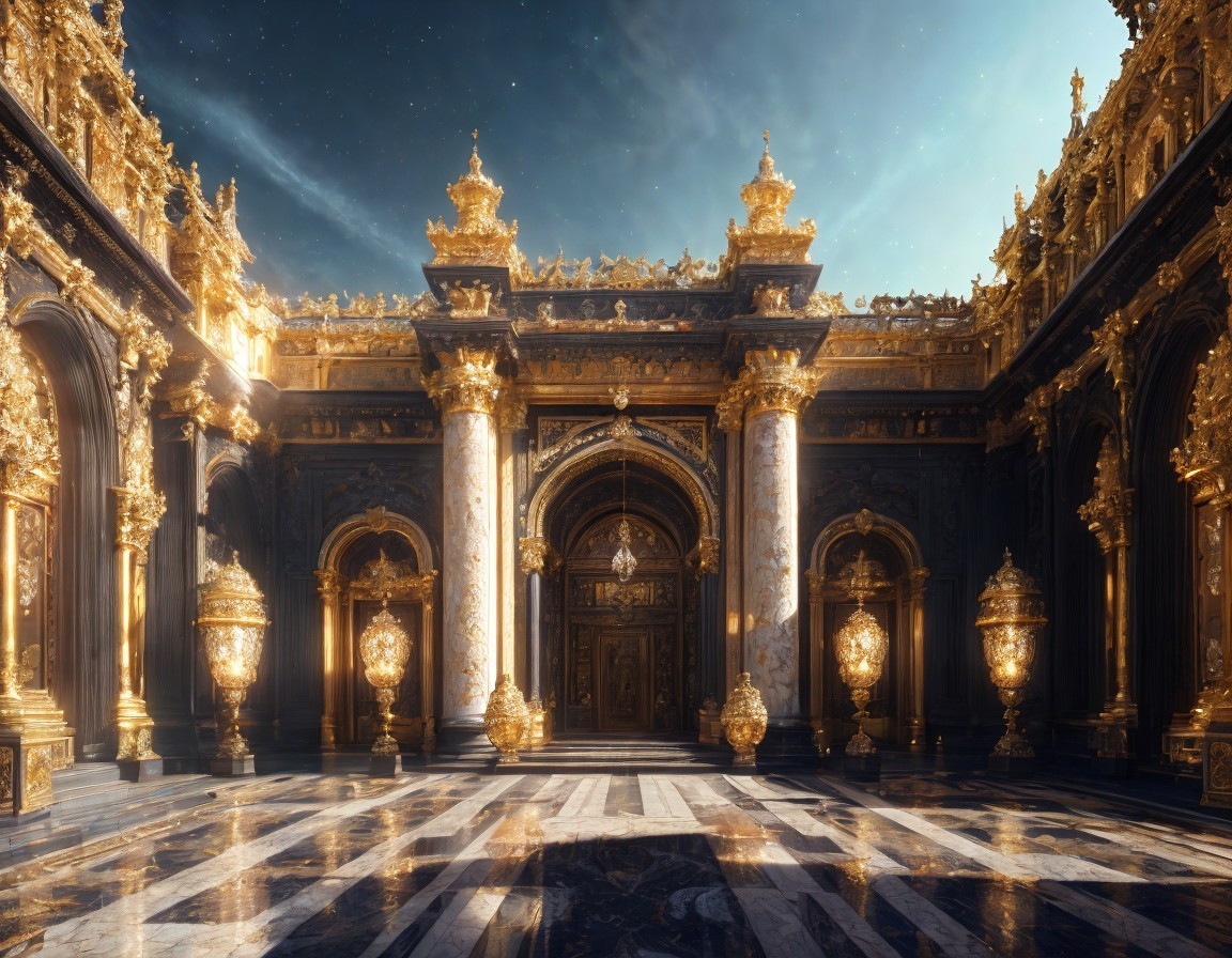 Opulent Hall with Golden Ornamentation and Grand Lanterns
