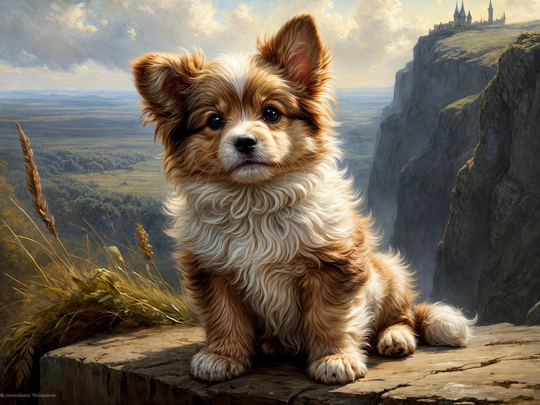 Fluffy Small Dog on Rocky Ledge with Scenic Hills