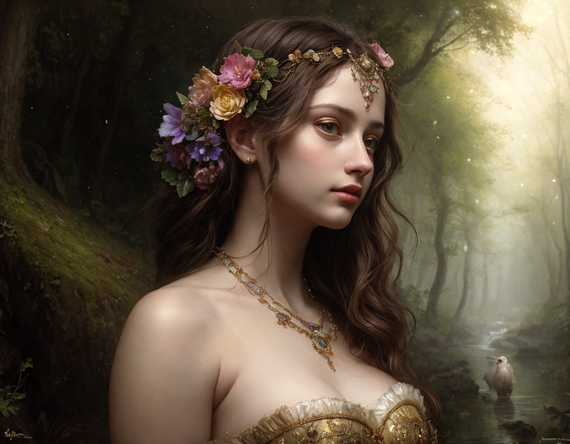 Woman with Floral Headpiece and Golden Jewelry in Misty Forest Scene
