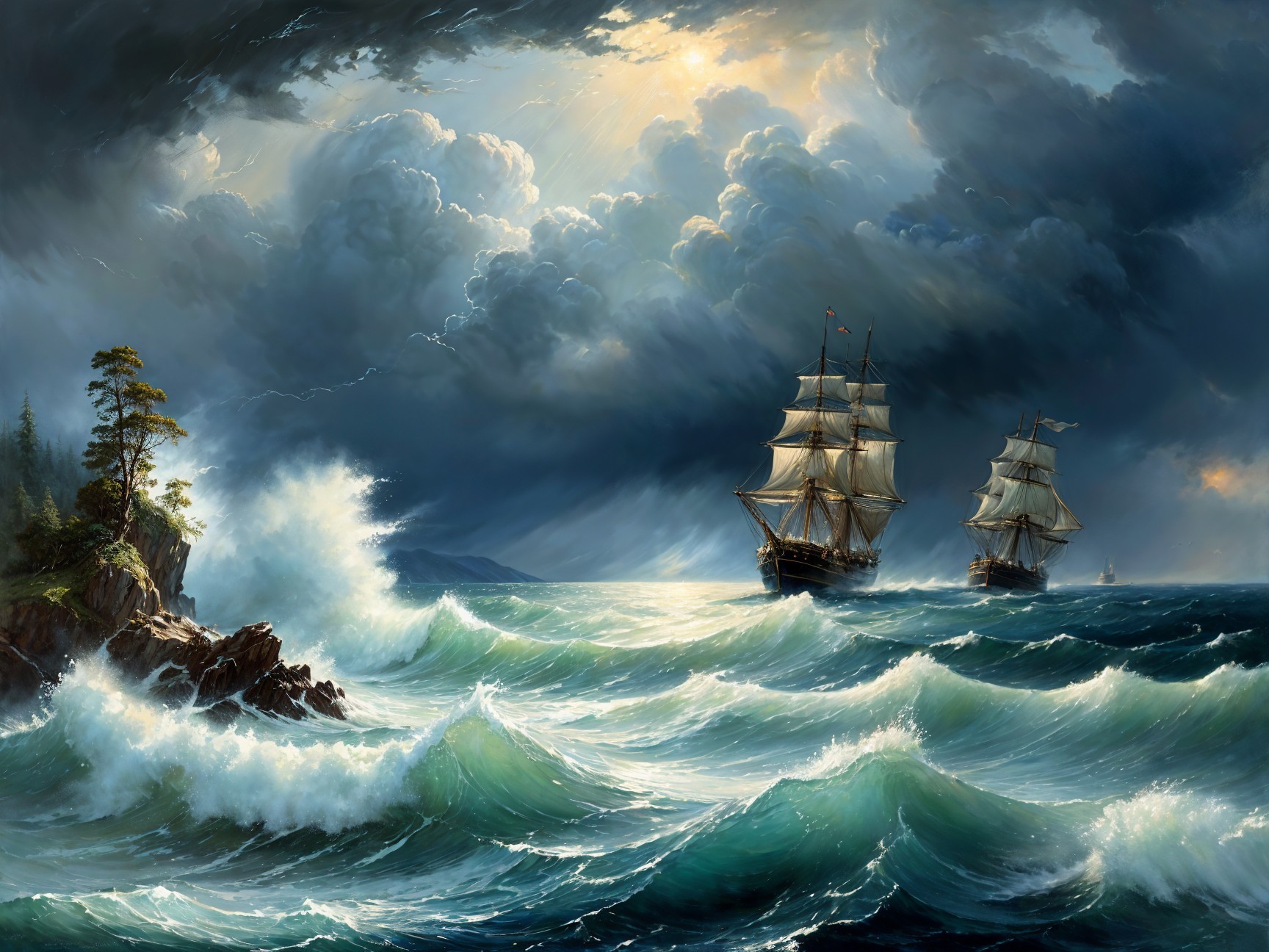 Dramatic Maritime Landscape with Ships and Stormy Sky