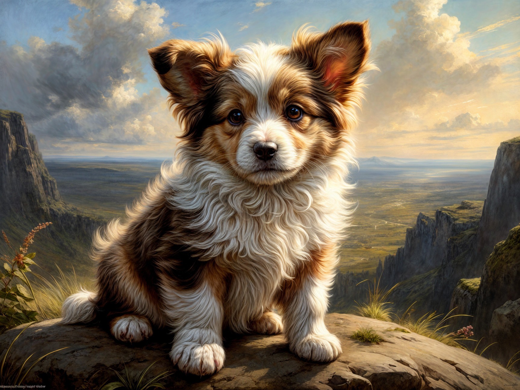 Fluffy Puppy on Grassy Ledge with Scenic Landscape
