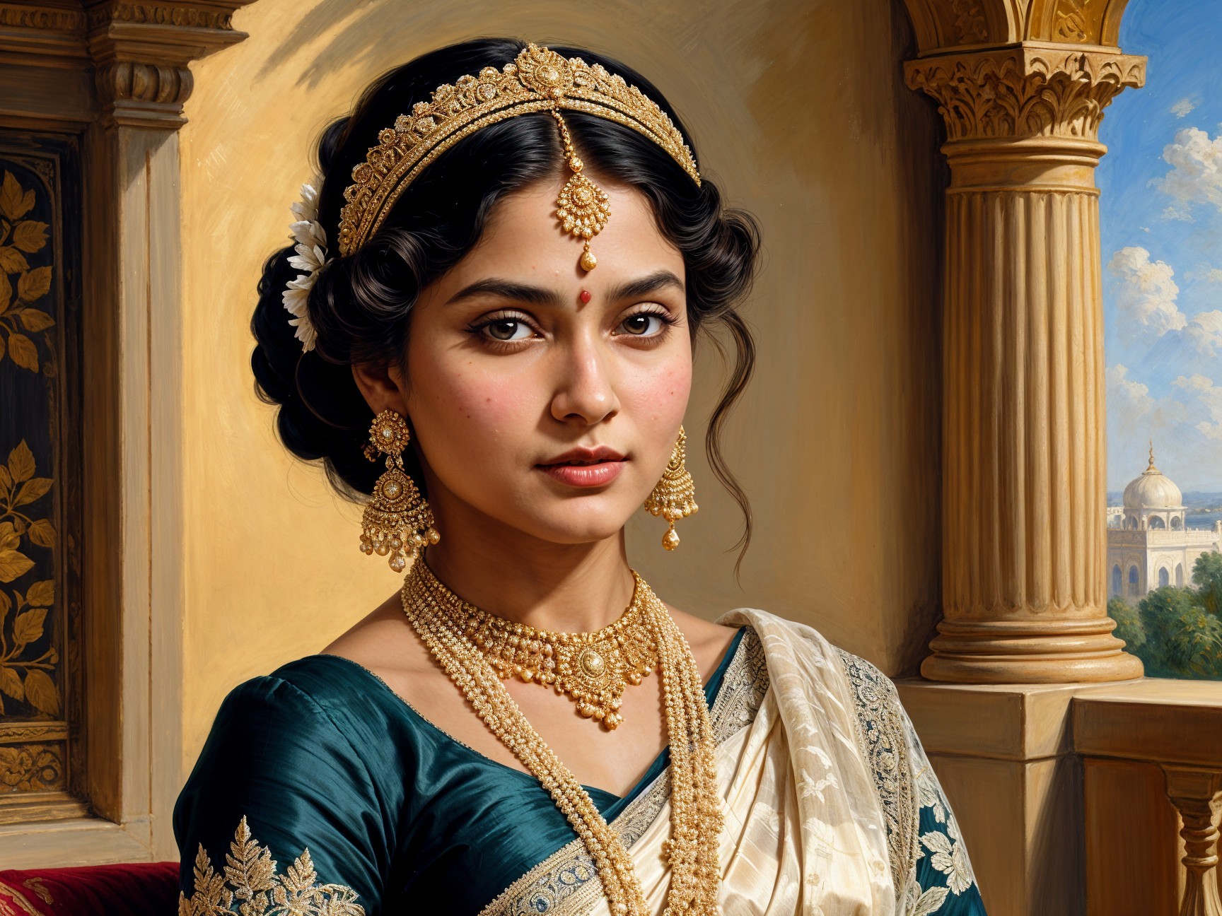 Young Woman in Teal Saree with Gold Jewelry