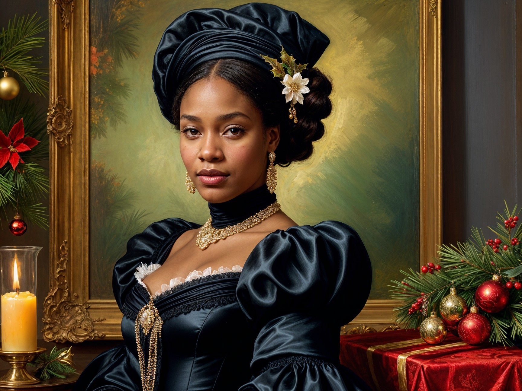 Elegant Woman in Black Gown with Festive Decor