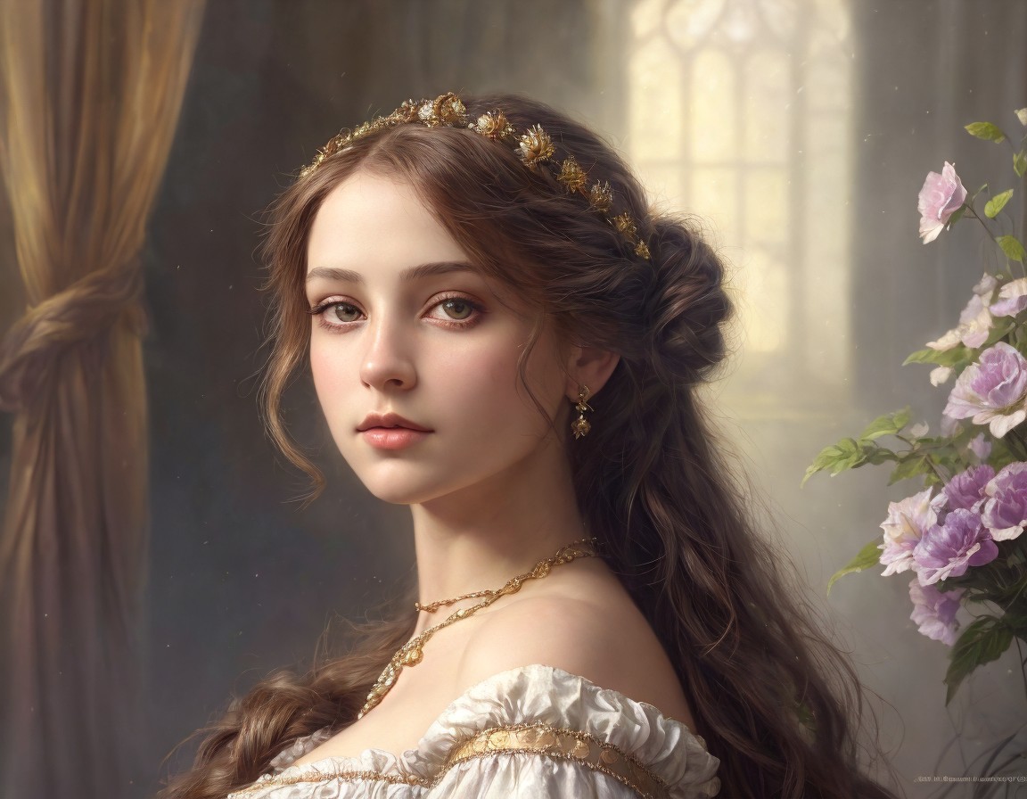 Young woman portrait with delicate crown, golden necklace, and white dress near purple flowers and soft light window