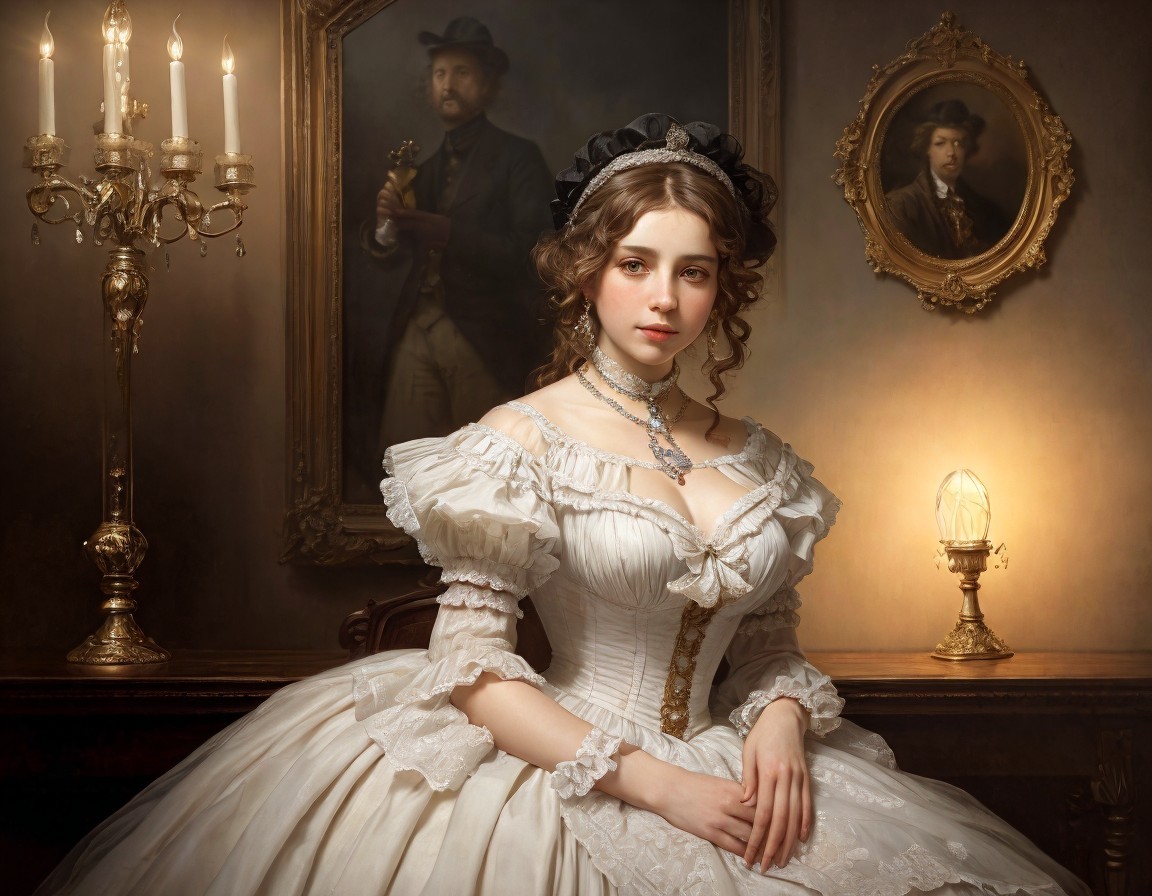 Victorian woman in white dress with choker necklace, candelabra, oil lamp, painting,