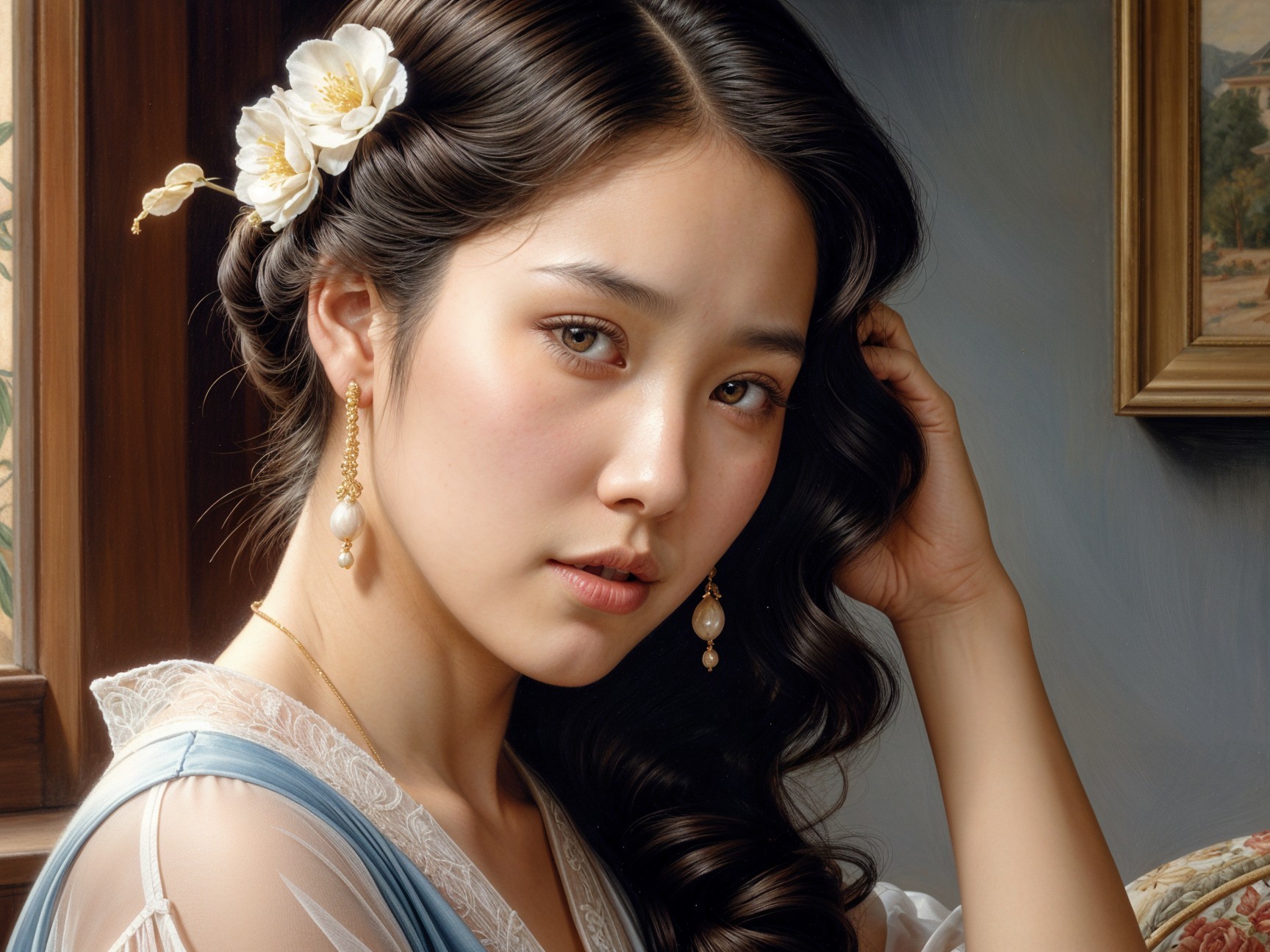 Young woman in soft dress with floral adornment