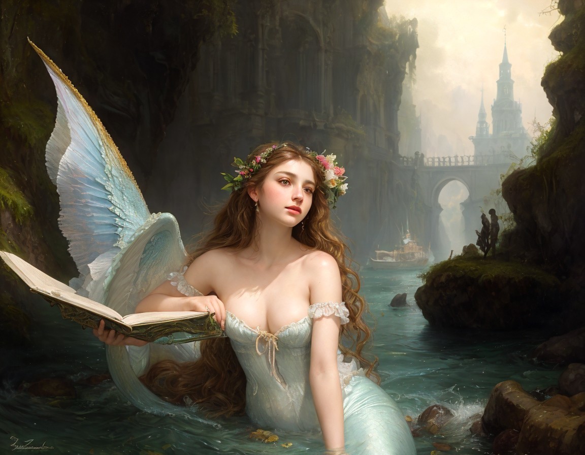 Woman with angelic wings reading by river with classical architecture