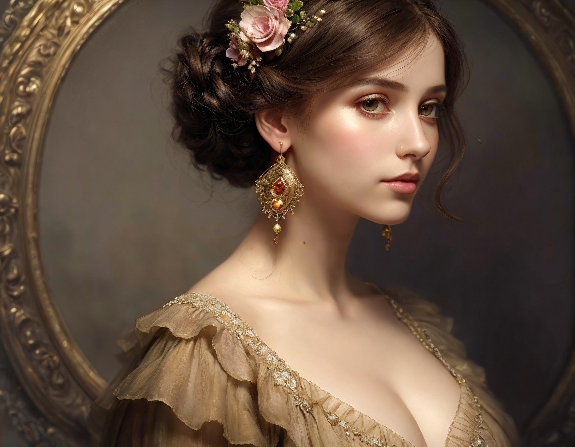 Portrait of a Young Woman in Vintage Fashion and Flowers