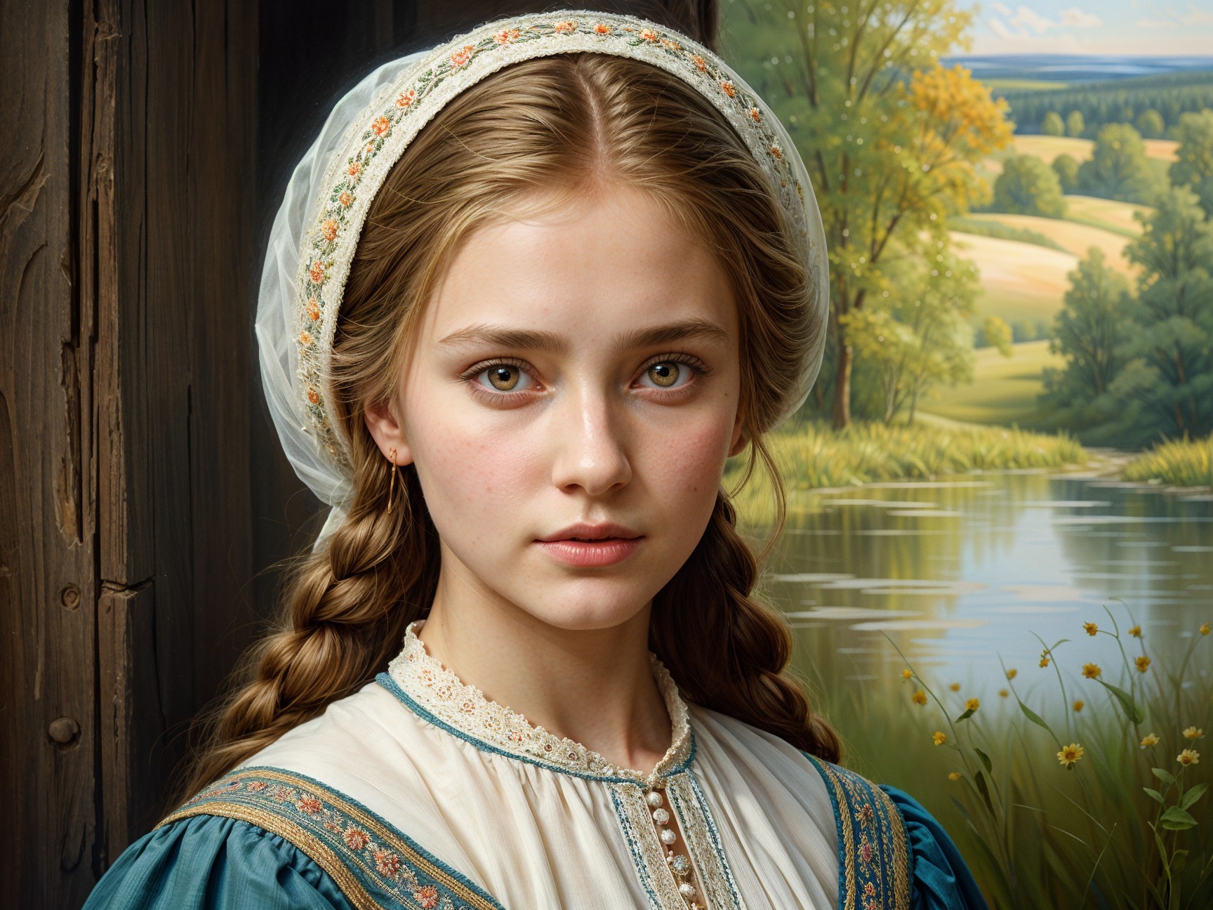 Young Girl in Traditional Dress with Serene Landscape