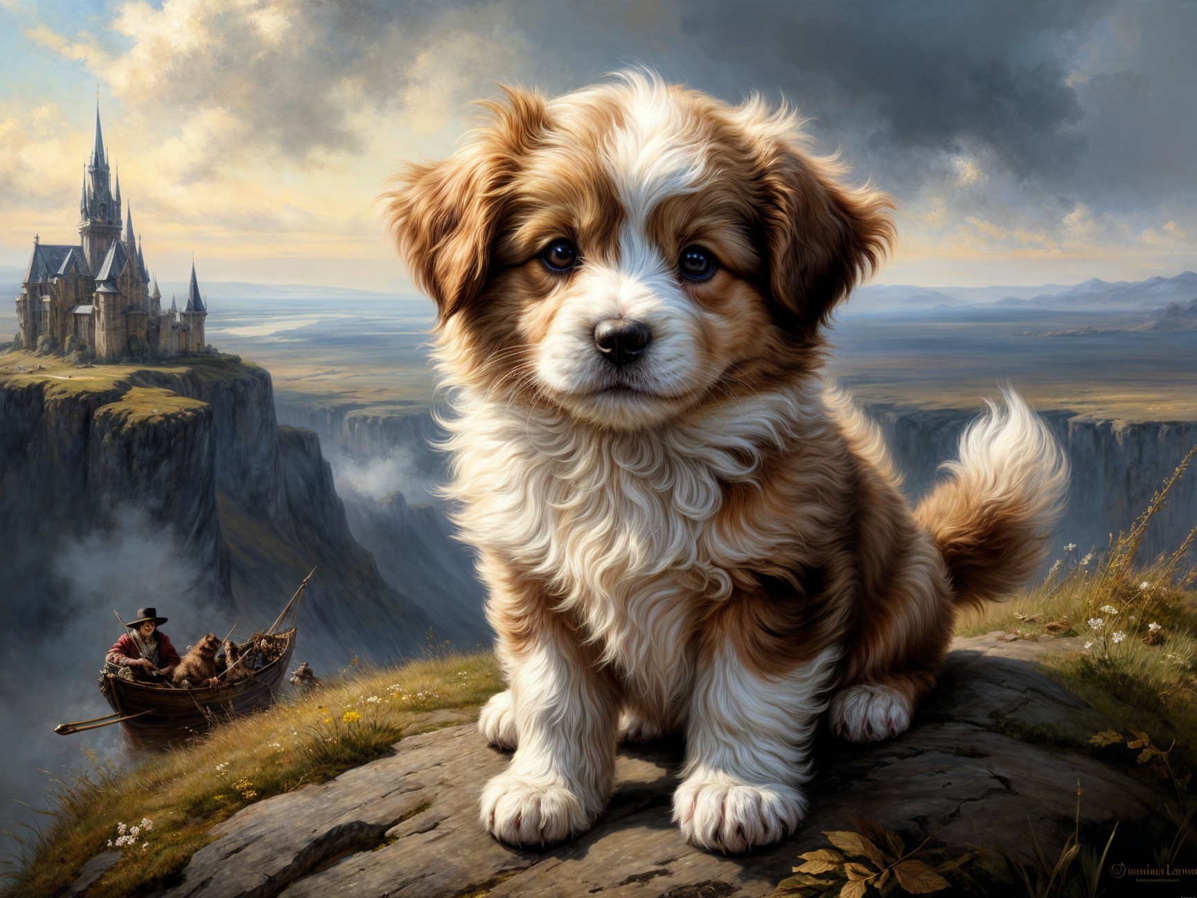 Puppy on Ledge with Castle and Scenic Landscape