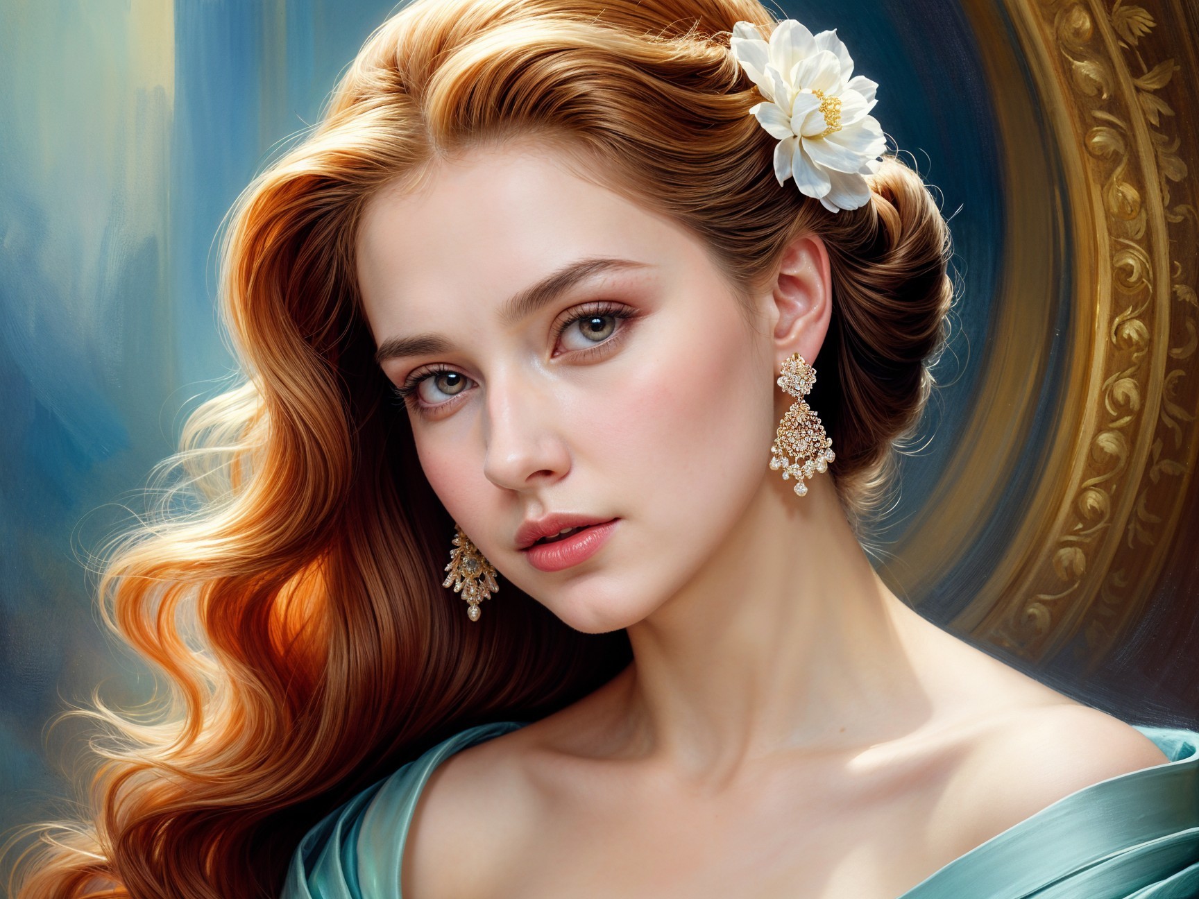 Portrait of a Young Woman in Teal Dress and Flowers
