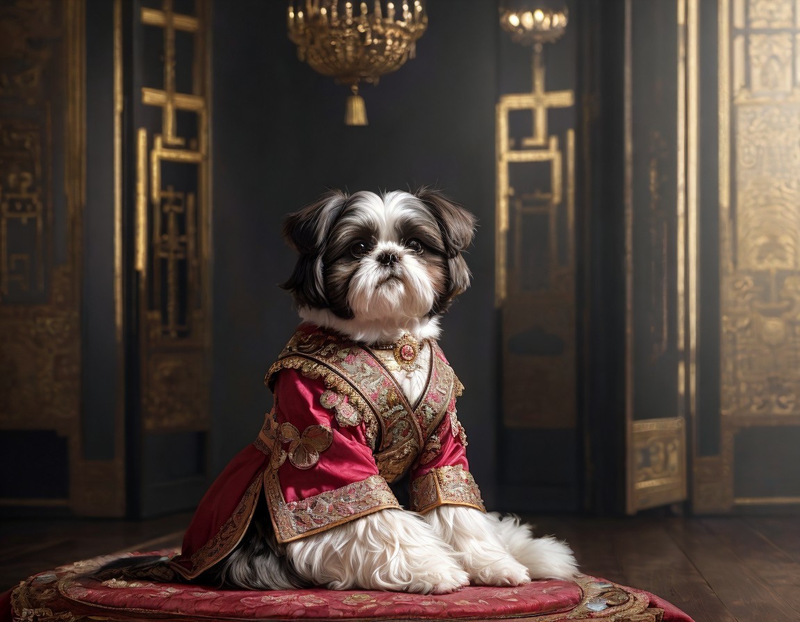 Shih Tzu dog in royal red costume on plush cushion with golden embroidery